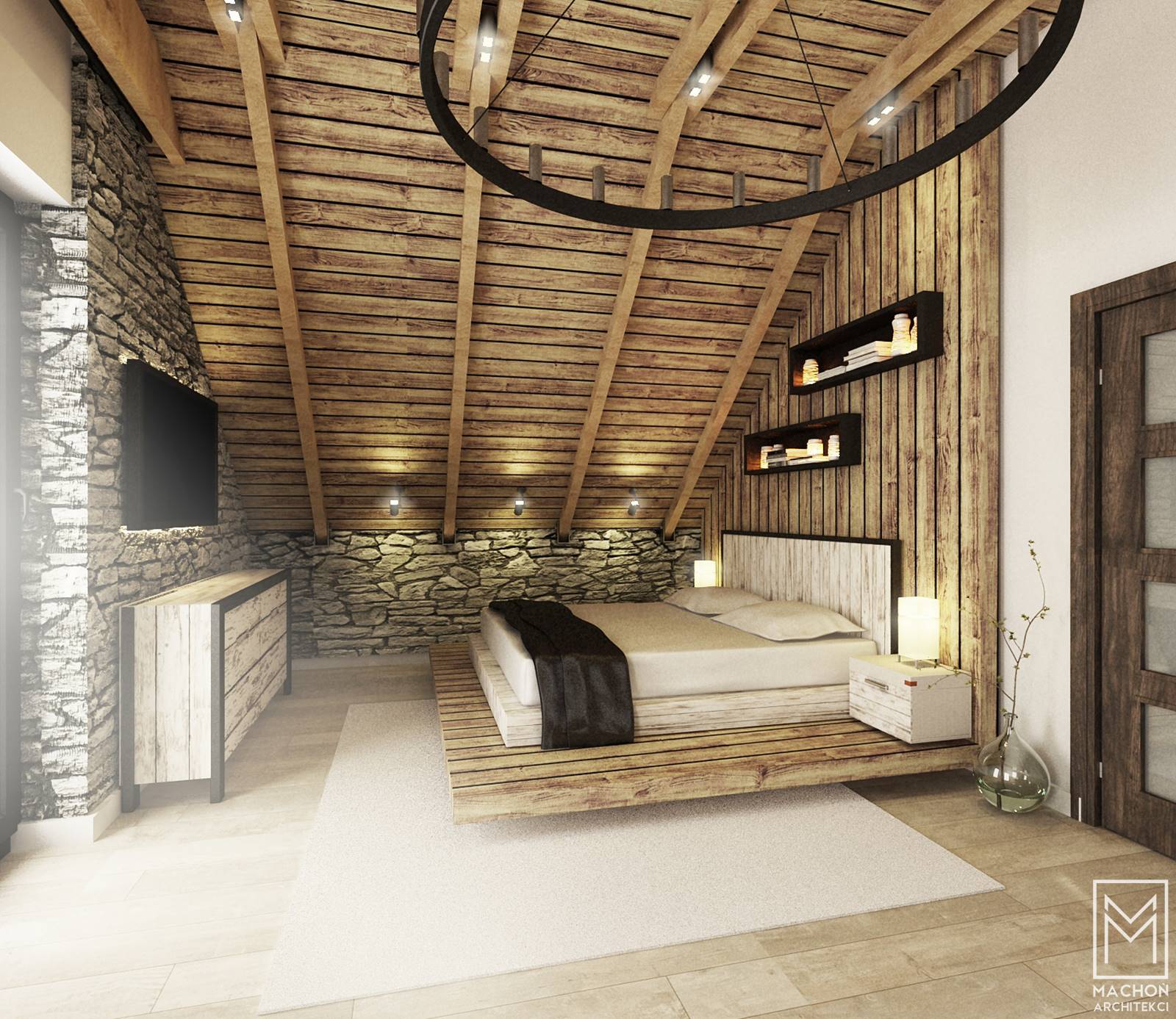 sypialnia z drewnem