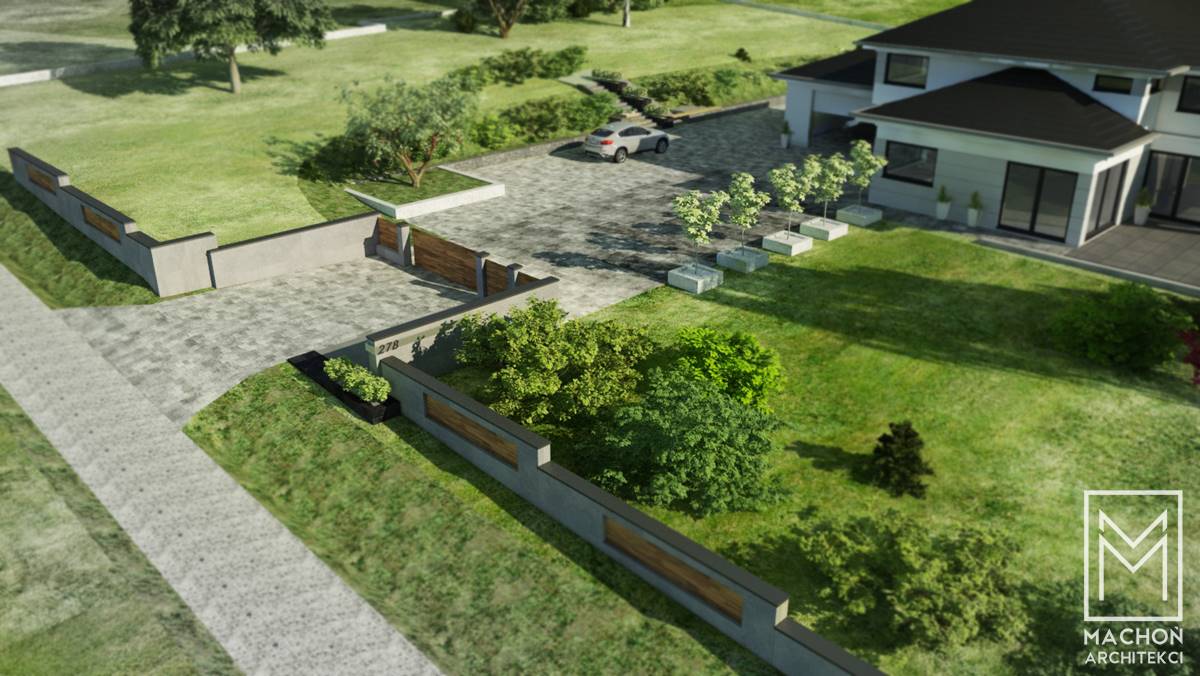 projekty ogrodów nowoczesnych machoń architekci małopolska ogrodzenie taras nawierzchnia kostka brukowa