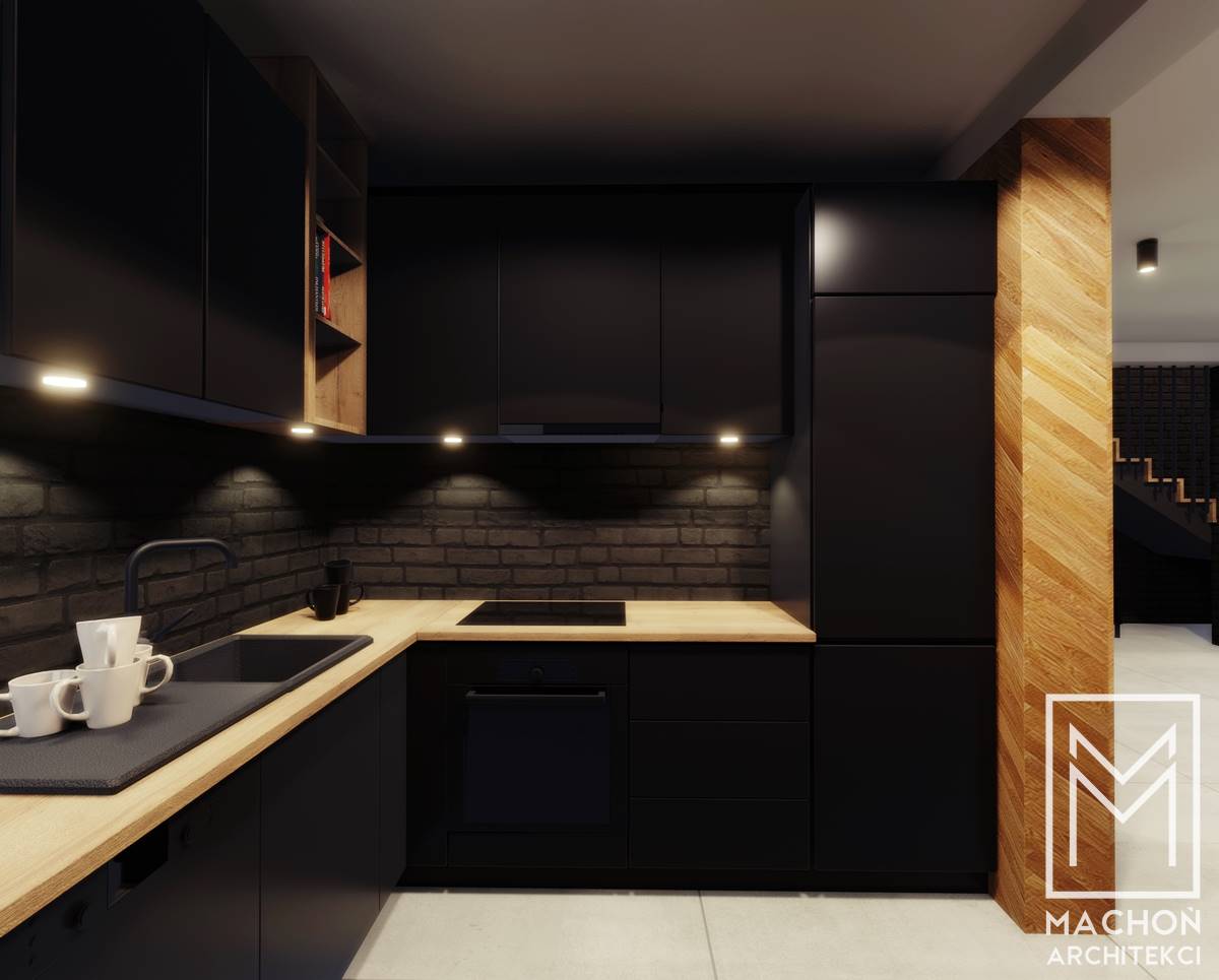 projekt nowoczenego mieszkania drewniane klepki na ścianie czarna kuchnia blat drewniany jasne meble w salonie