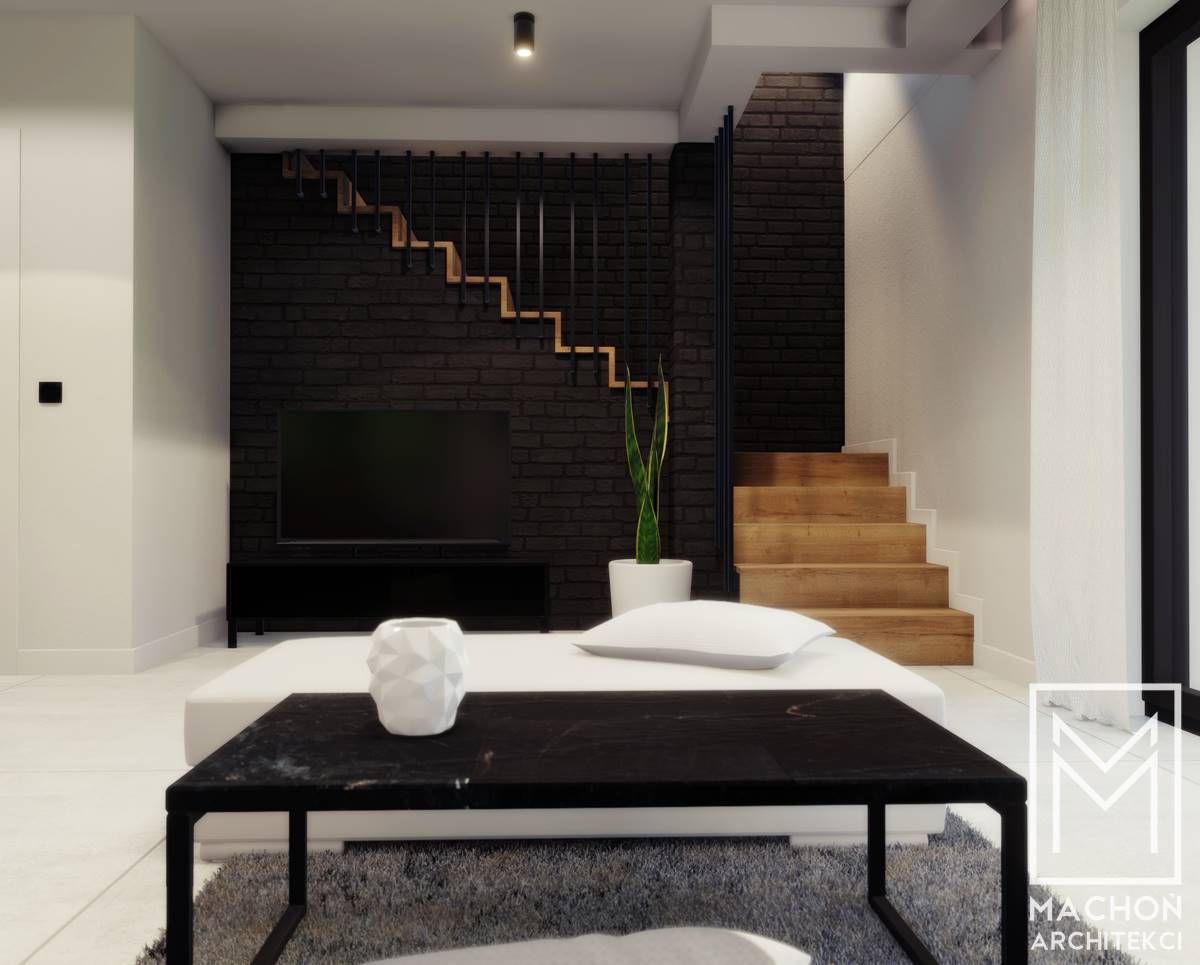 projekt nowoczenego mieszkania drewniane klepki na ścianie czarna kuchnia blat drewniany jasne meble w salonie