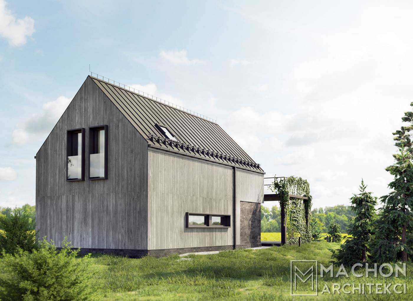 DIABLAK 100 Machoń Architekci szkieletowy stodola mieszkalny projekt z tarasem przeszklony deska elewacyjna