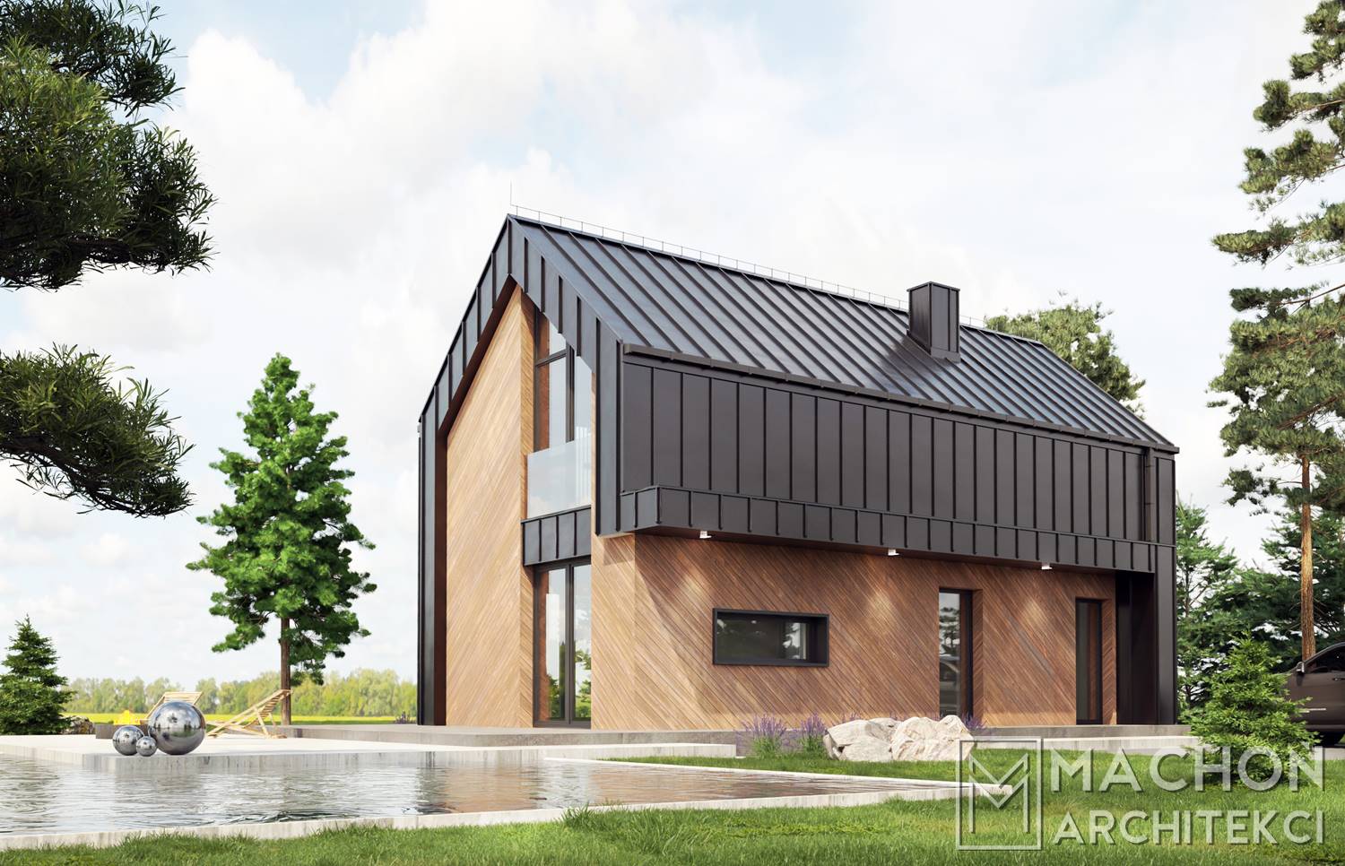 dom na zgłoszenie do 70 m2 nowy łąd polski ład nowoczesny stodoła przeszklenie duże okna z tarasem na wąską działkę