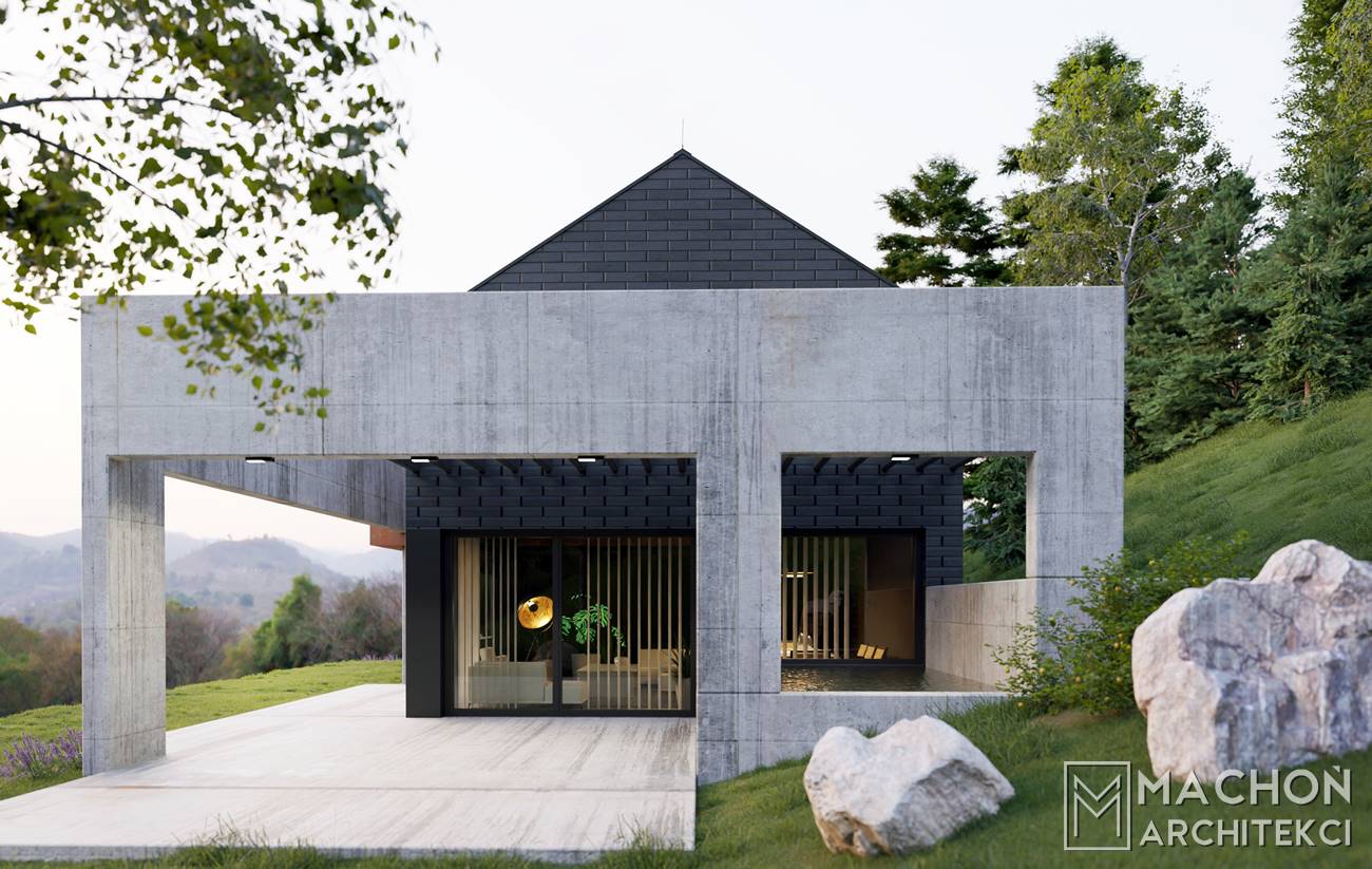 nowoczeny dom jednorodzinny na skarpie willa beton szkło myślenice krakó małopolska