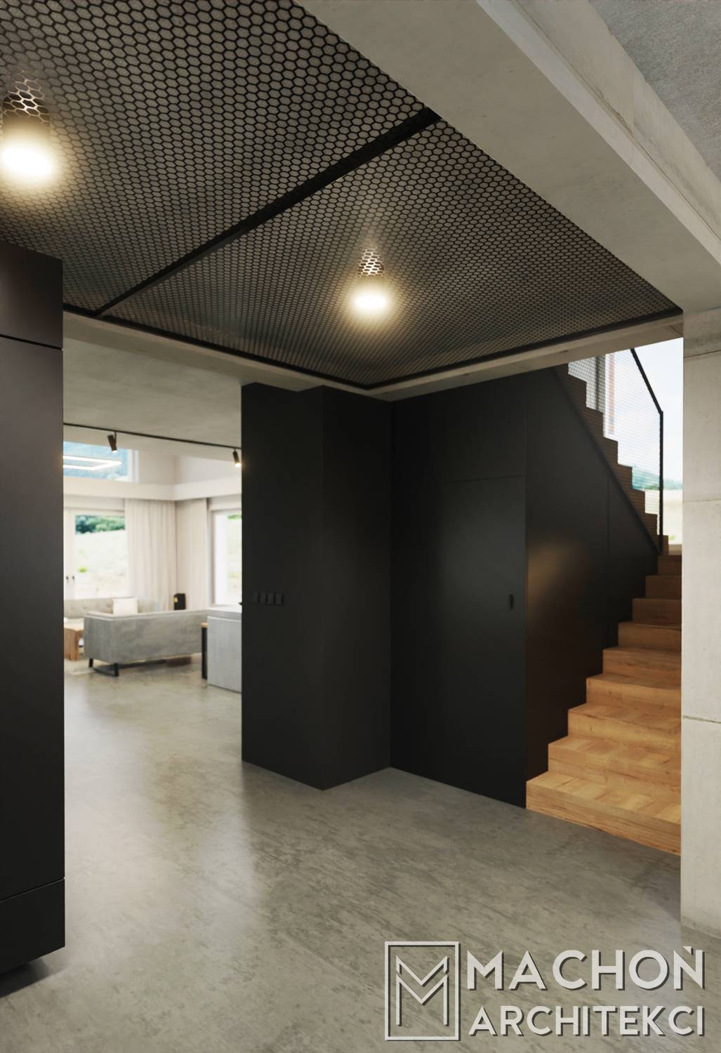 wnetrze dom jednorodzinny nowowczeny minimalizm beton szkło