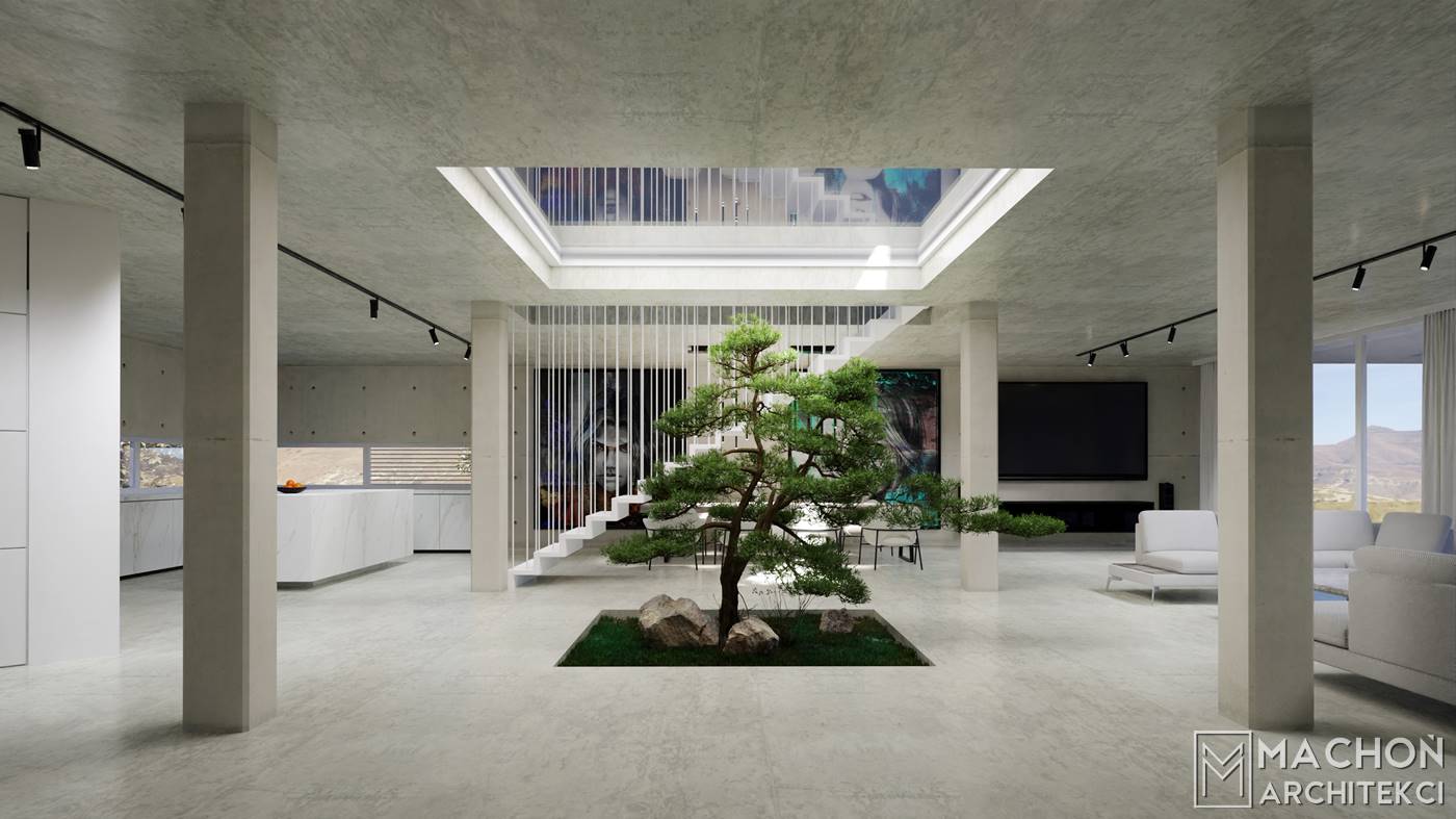 drzewo w salonie nowoczesny projekt indywidualny w europie dom biały willa w hiszpanii polski architekt