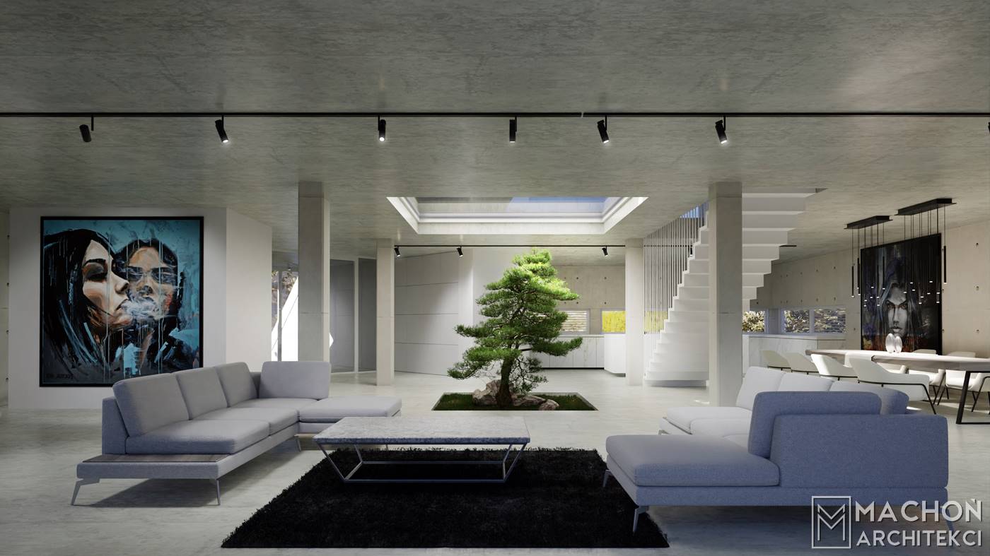 drzewo w salonie nowoczesny projekt indywidualny w europie dom biały willa w hiszpanii polski architekt