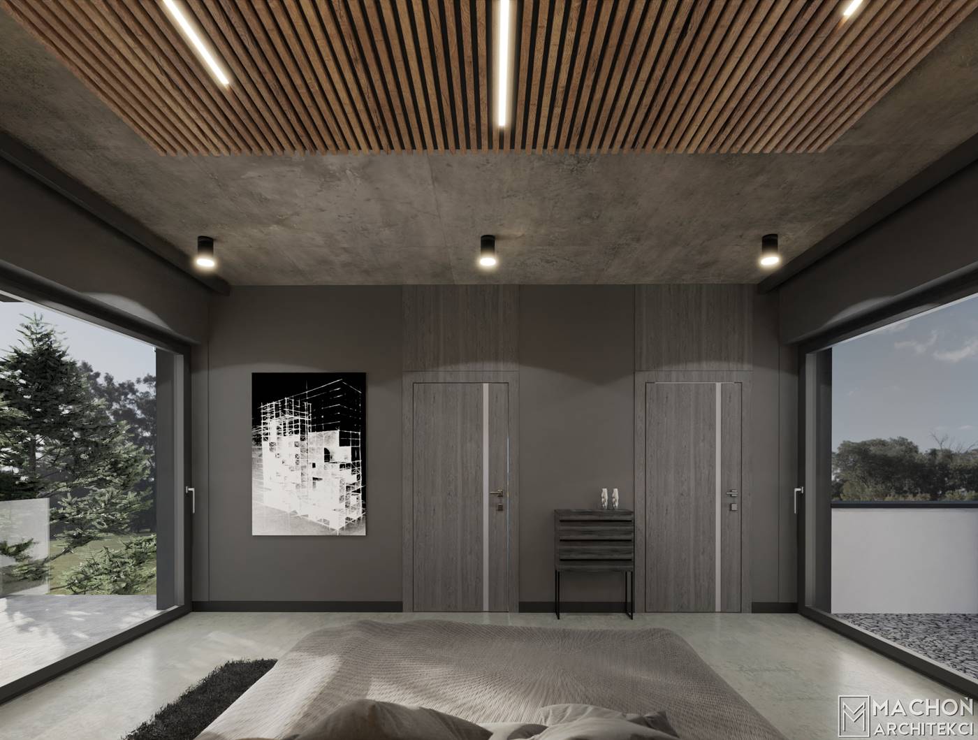projekt sypialni nowowczesnej lamele drewniane zagłówek dom jednorodzinny architekt wnętrz