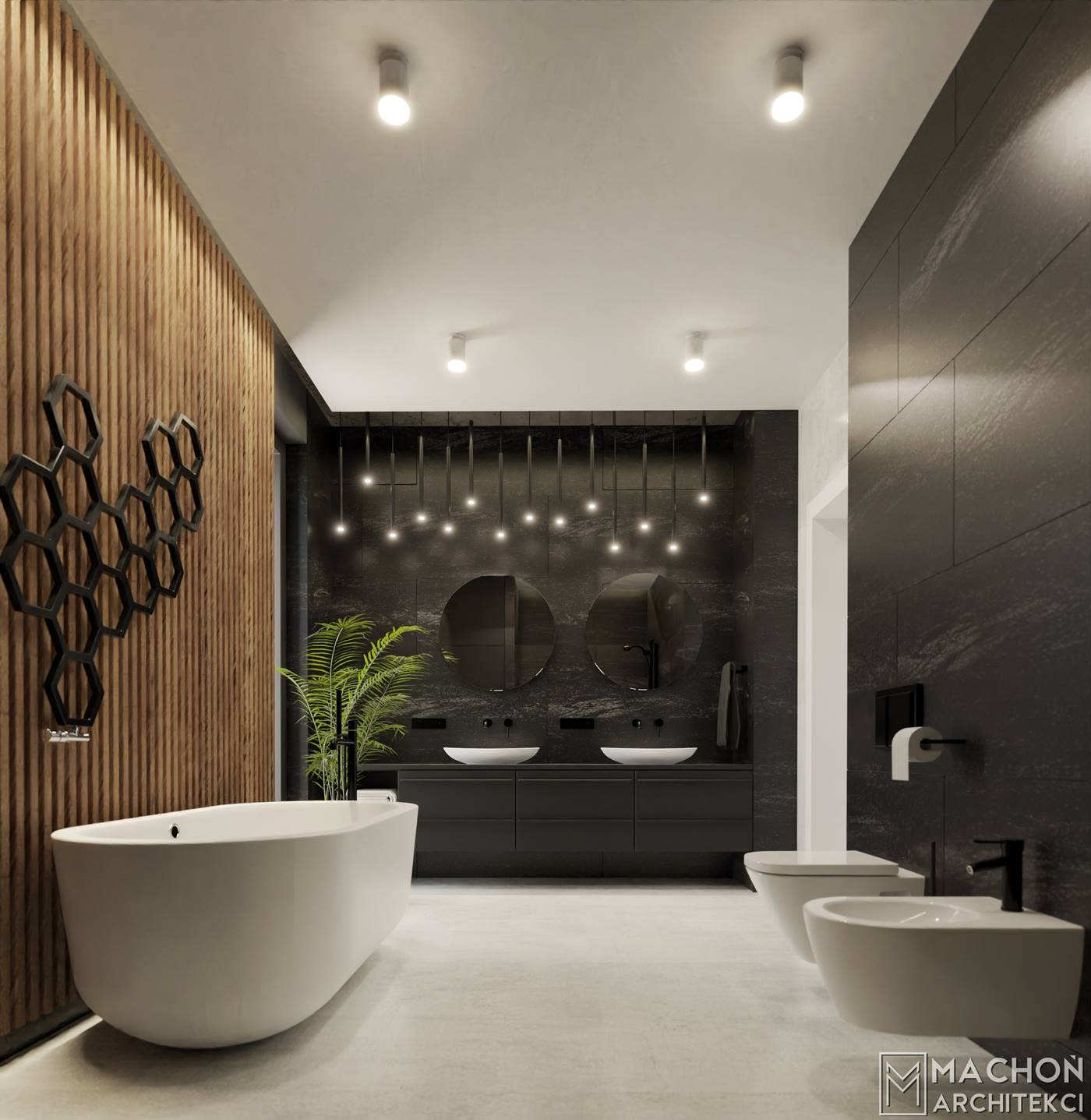 projekt sypialni nowowczesnej lamele drewniane zagłówek dom jednorodzinny architekt wnętrz