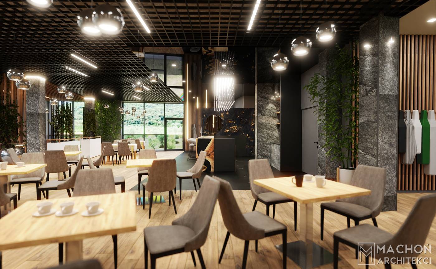 projekt indywidualny wnętrza restauracji strefa jadalna przytulne wnetrze galeria handlowa
