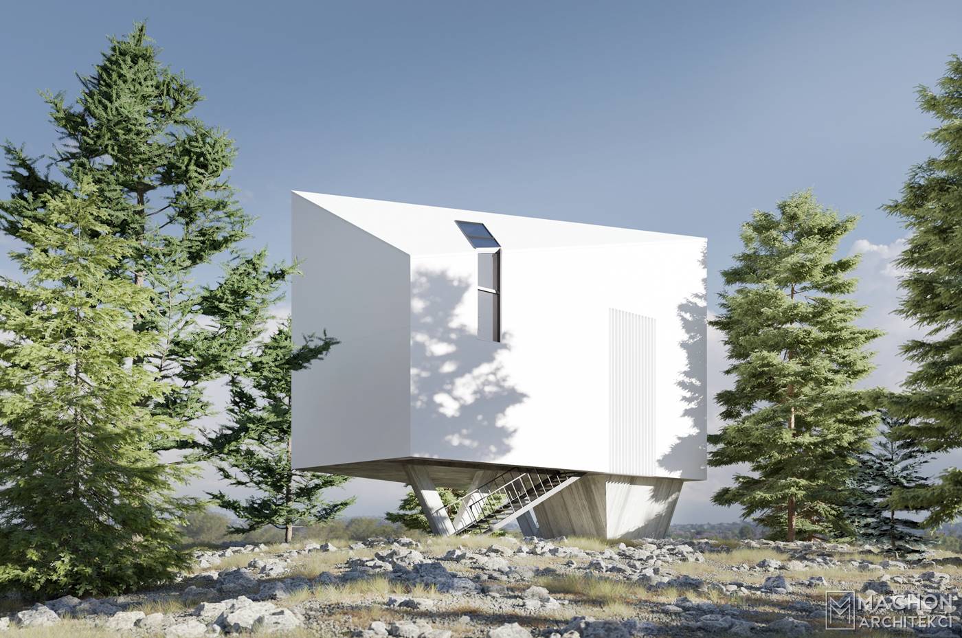 nowoczesny domek w górach biały w kształcie lodu na skarpie na słupach dom