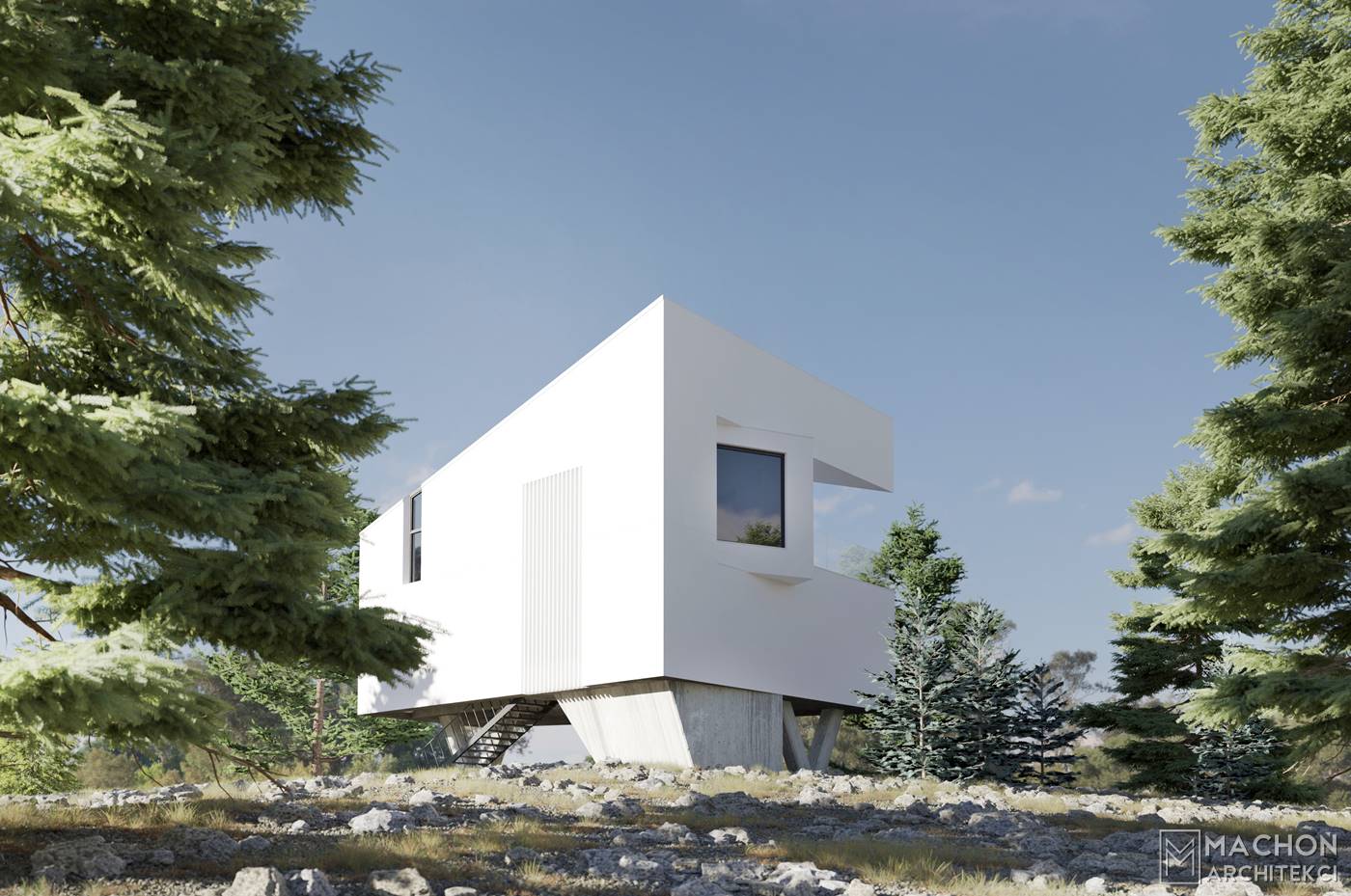 nowoczesny domek w górach biały w kształcie lodu na skarpie na słupach dom