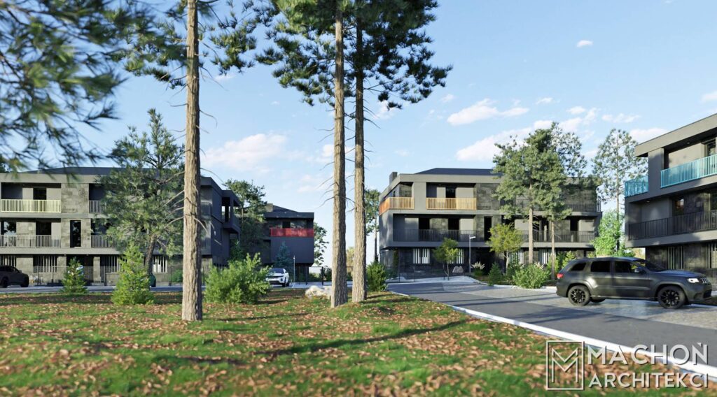 projekt osiedla mieszkaniowego nowoczesne domy z apartamentami nad morzem w górach strzeżone osiedle bloki nowoczesne