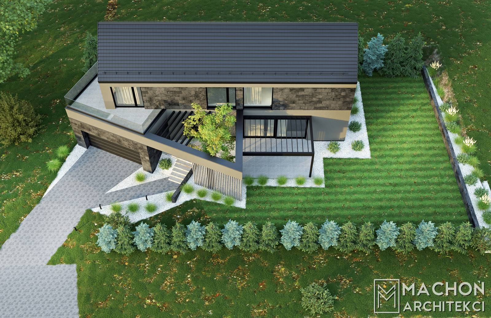nowoczeny budynek mieszkalny dom indywidualny w krakowie zaprojektowany przez architektów na małej działce, ogród przed domem z tarasem mało trawy do koszenia