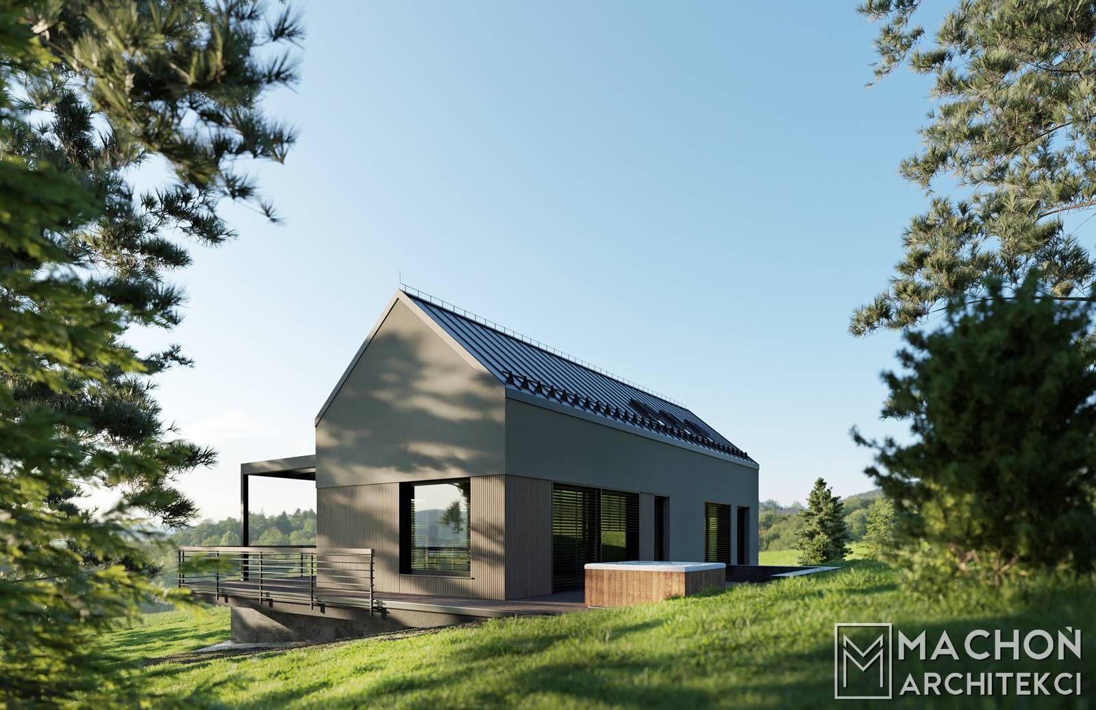 projekt budynku nowoczesna stodoła w górach na stoku dom z cegły i blachy na rąbek stojący z tarasem i aluminiowa pergola antresola wysoki salon