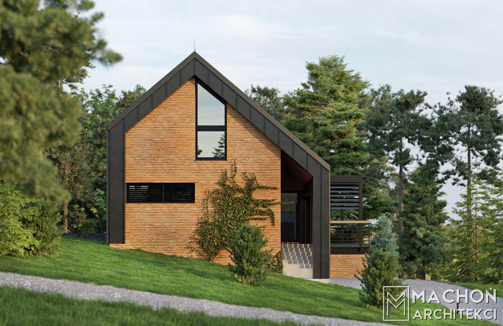 projekt budynku nowoczesna stodoła w górach na stoku dom z cegły i blachy na rąbek stojący z tarasem i aluminiowa pergola antresola wysoki salon
