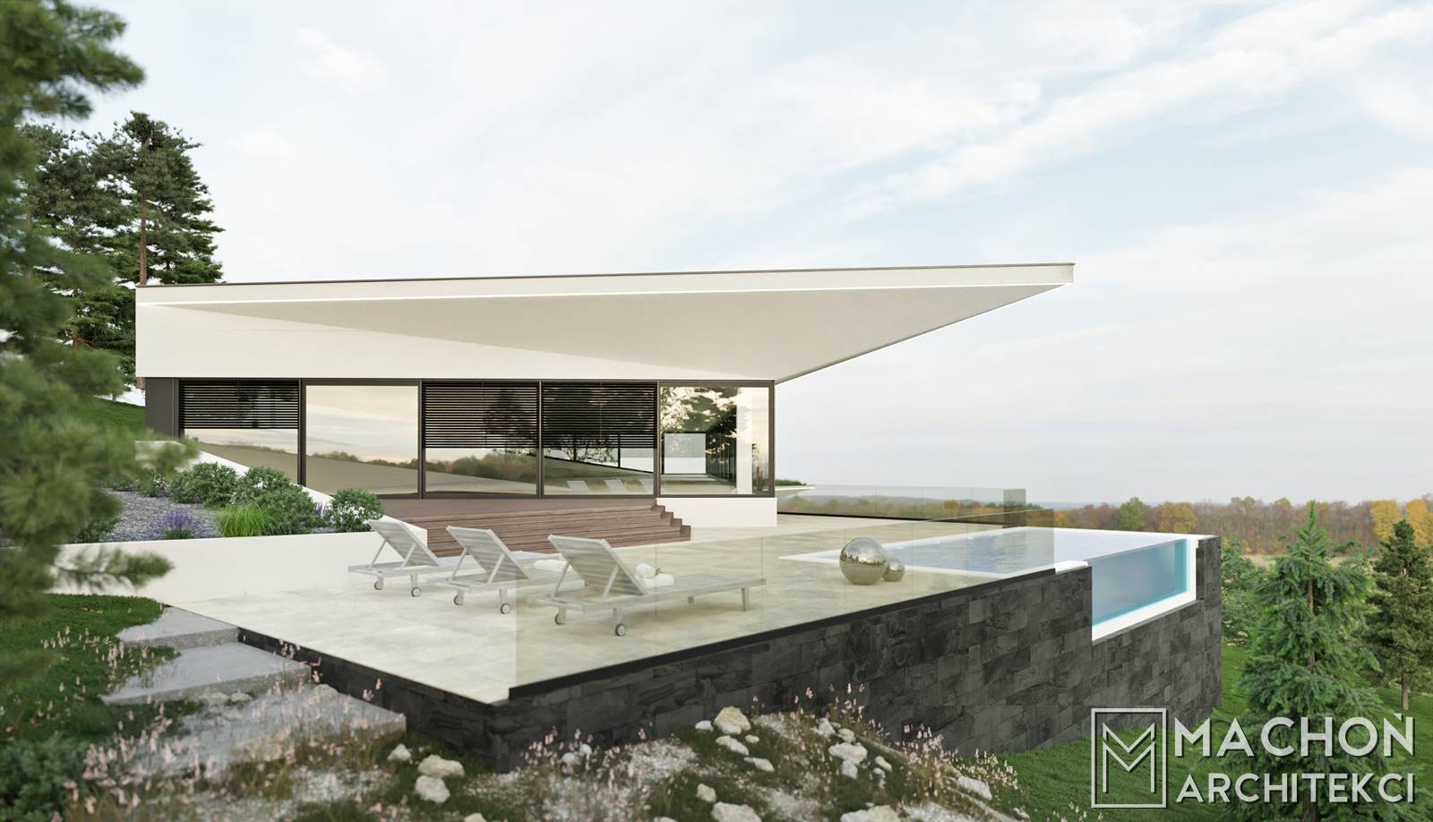 projekt dużego domu jednorodzinnego indywidualny dom na skarpie strefa spa basen taras dom w górach
