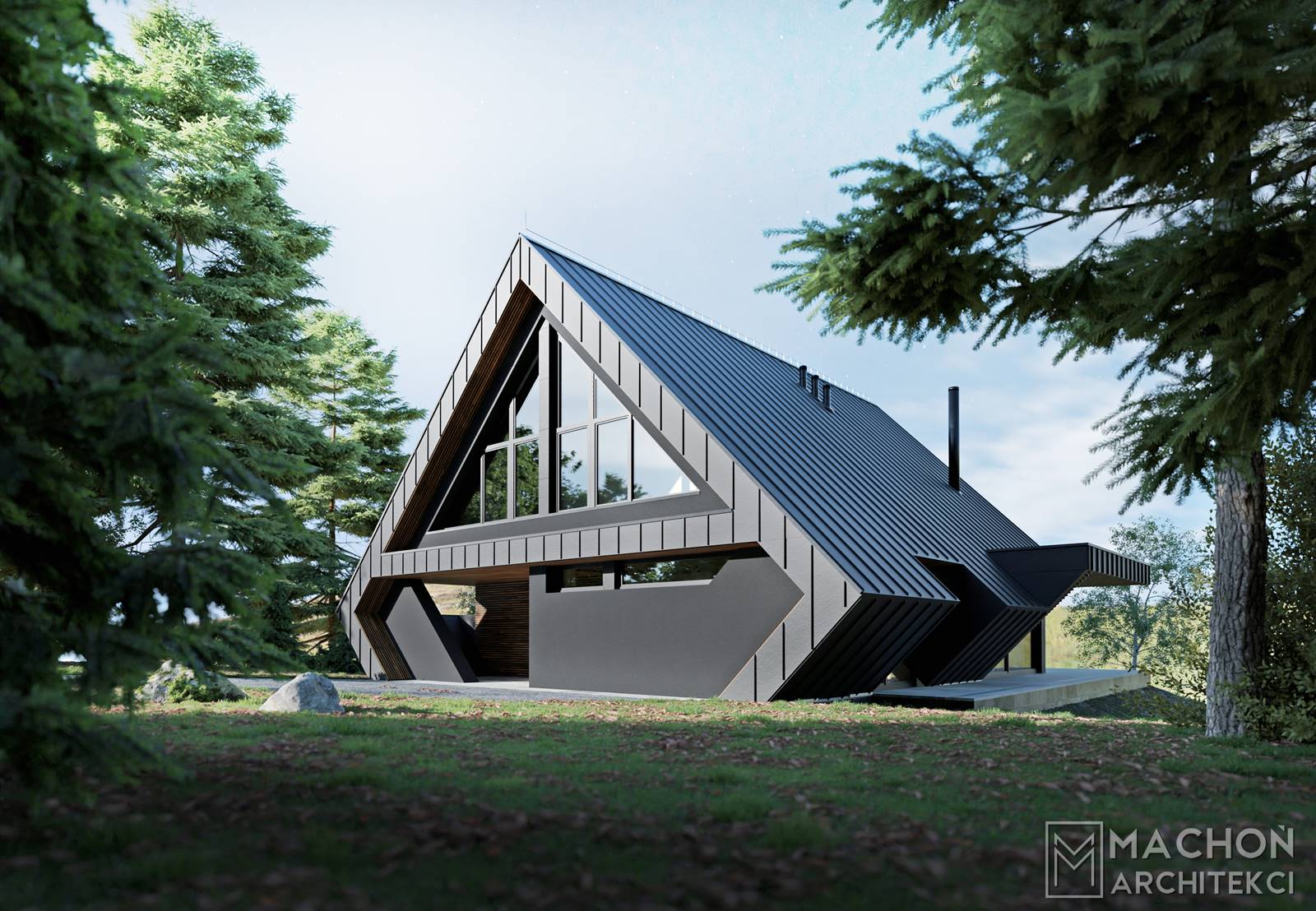 projekt indywidualny górski dom nowoczesny stodoła na skarpie na stoku projekt domu skośny dach blacha na rąbek stojący dom na szczycie góry pod lasem