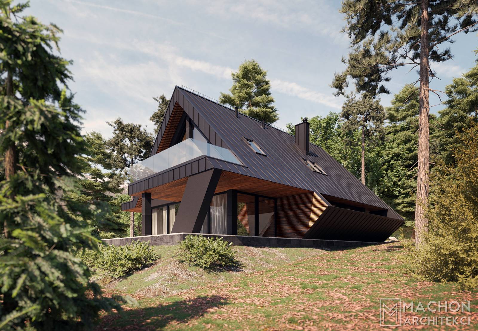 projekt indywidualny górski dom nowoczesny stodoła na skarpie na stoku projekt domu skośny dach blacha na rąbek stojący dom na szczycie góry pod lasem