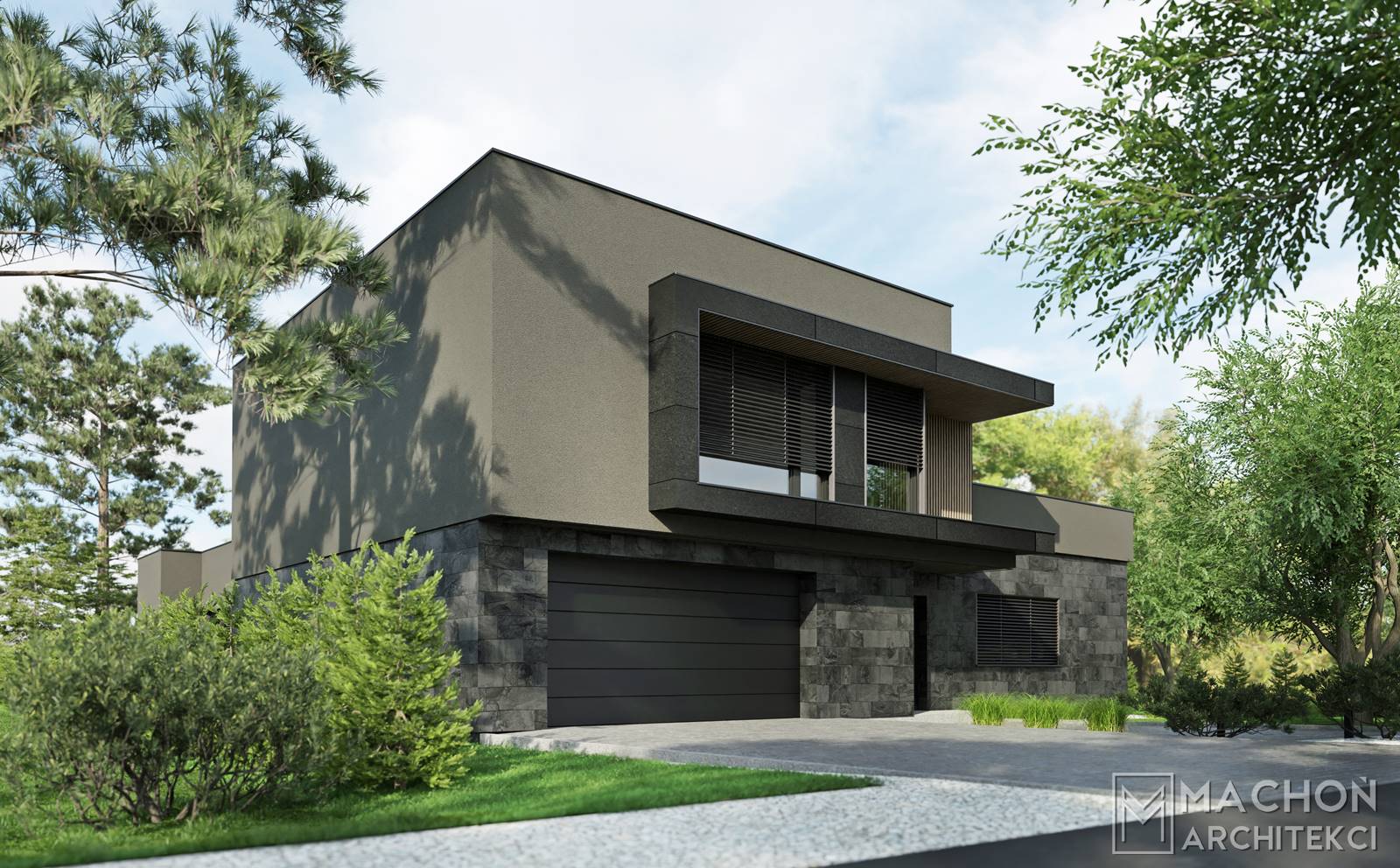 nowoczesny dom pod warszawa projekt indywidualny dostosowany do działki projekt z ogrodem dom z garazem dwustanowiskowym konstrncin jeziorna nowoczesne domy projektanci architekci
