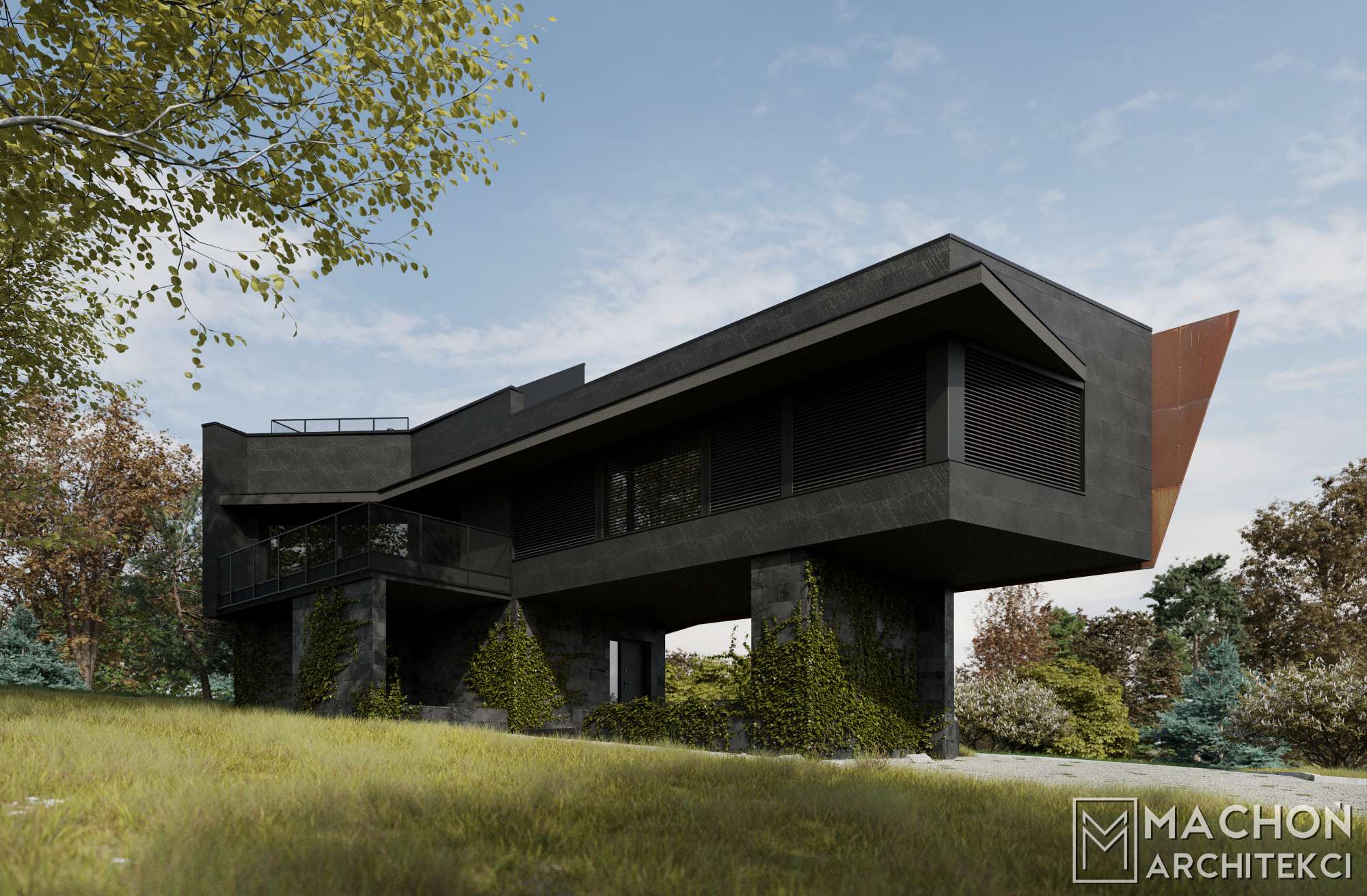 indywidualny projekt domu nowoczesny nietypowy dom jak most nadwieszony stal blacha korten zardzewiały rdza cor-ten machoń architekci domy