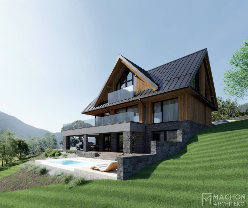 nowoczesny dom podcieniowy góry szczyrk bielsko małopolska sląsk projektowanie indywidualne domy na skarpie geologia garaż wiata na auto dom z basenem na stoku