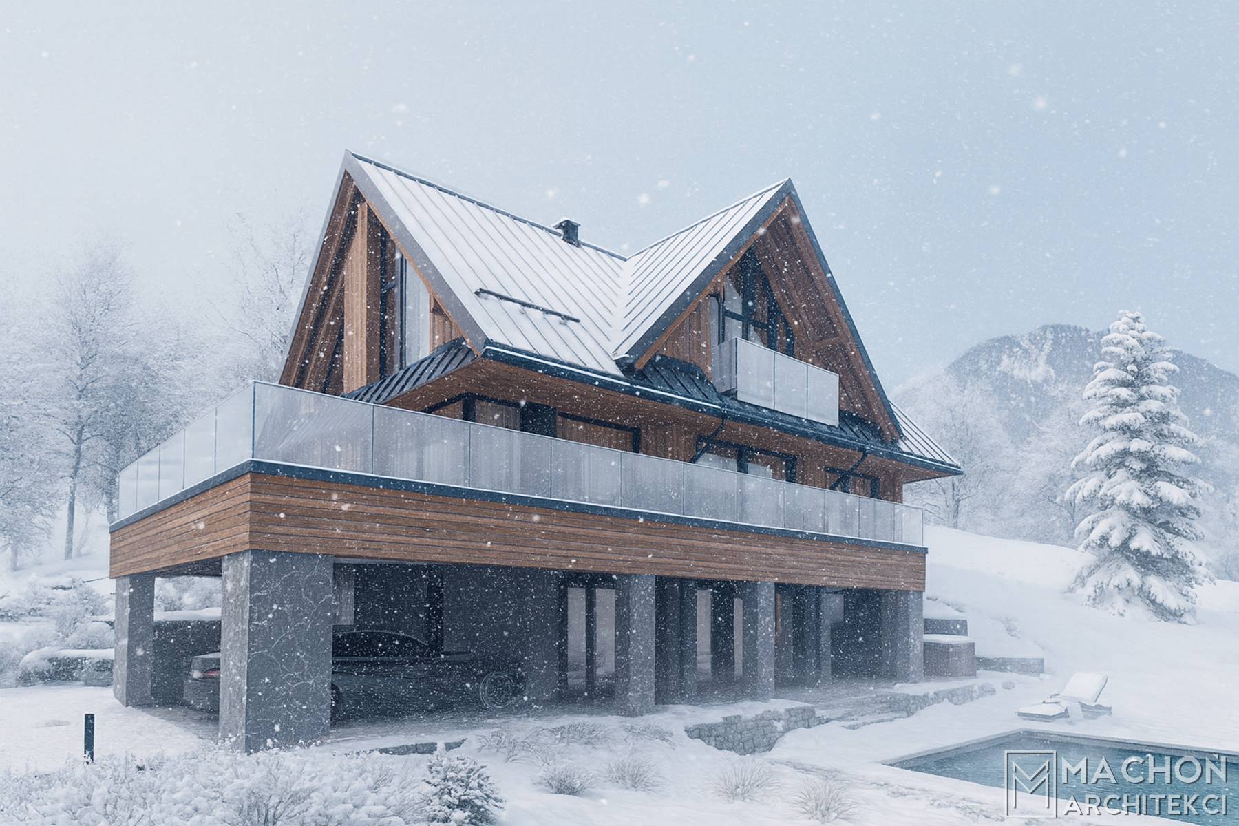 nowoczesny dom podcieniowy góry szczyrk bielsko małopolska sląsk projektowanie indywidualne domy na skarpie geologia garaż wiata na auto dom z basenem na stoku