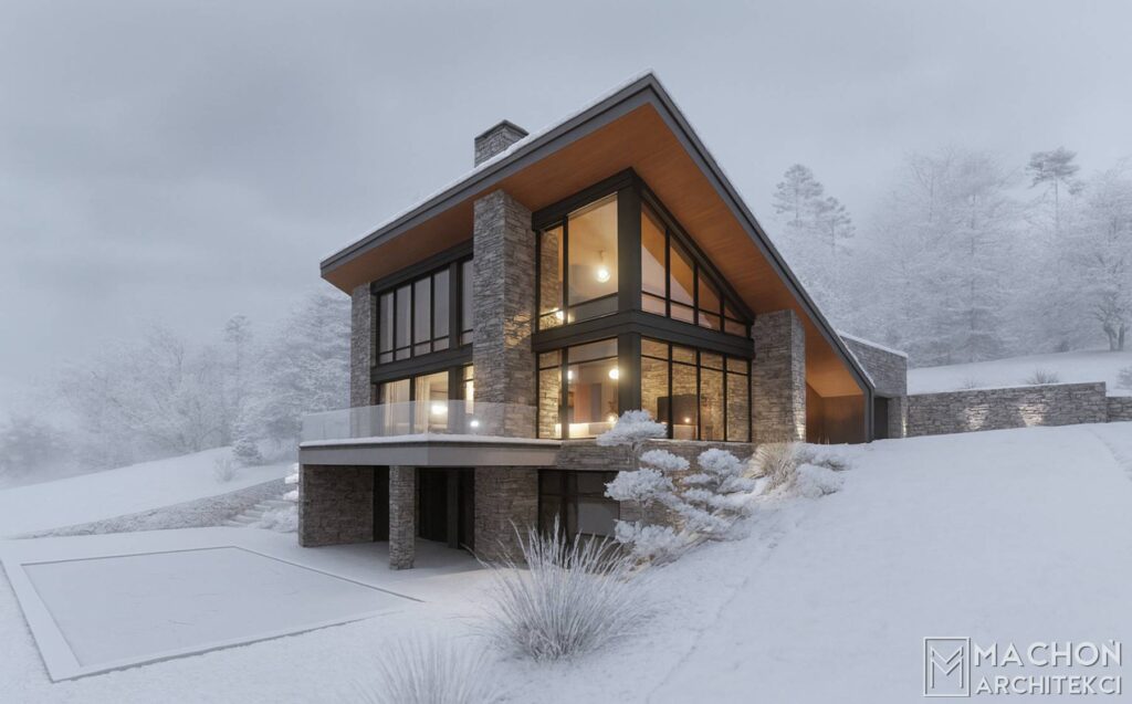 Dom górski na stoku modern lodge house farmhouse przeszklenie dach skośny dynamiczny projekt indywidualny ustroń bielsko śląsk katowice kraków warszawa