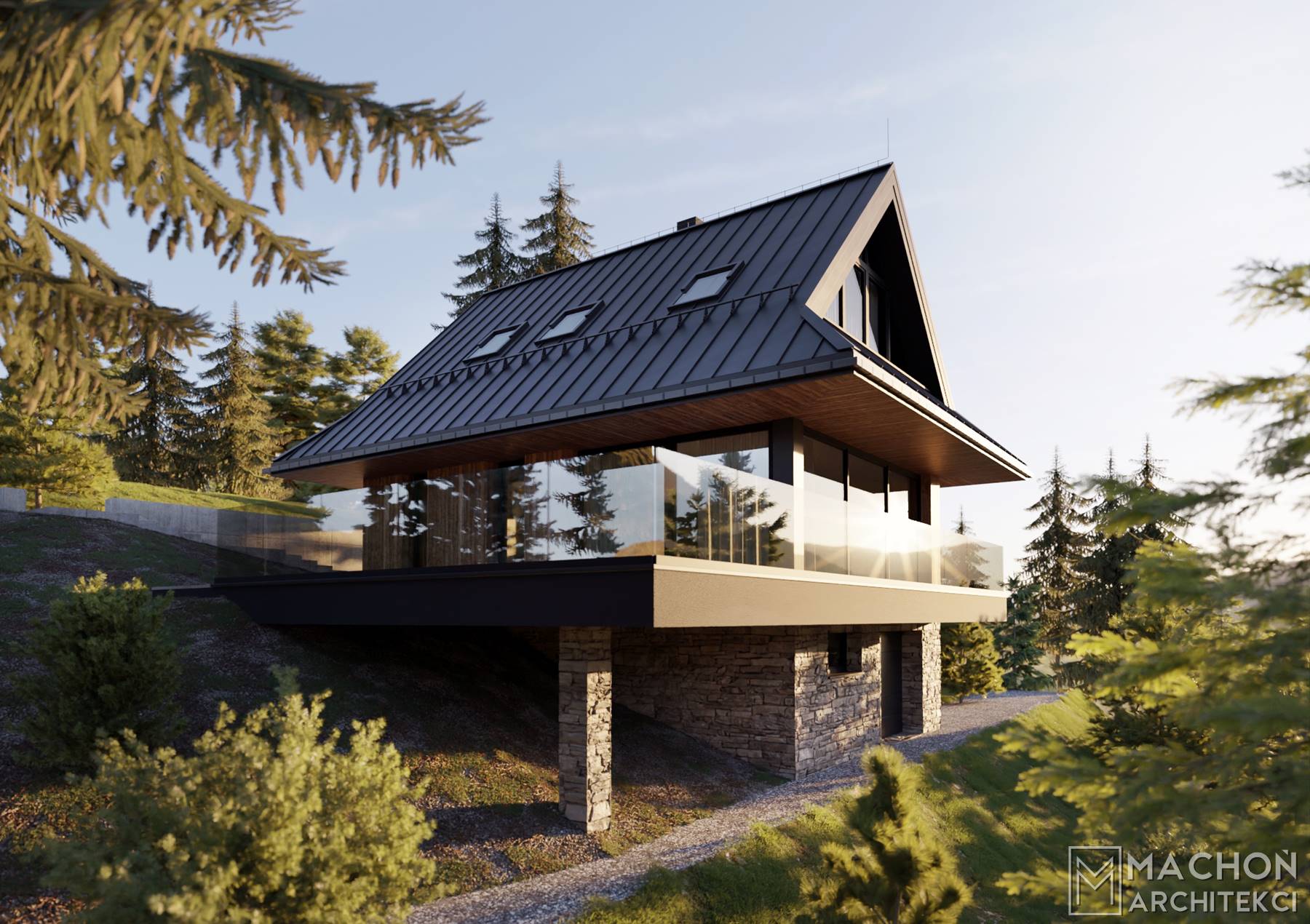 dom wakacyjny w górach nowoczesny podcieniowy wystający okap dachu blach ana rąbek stojący z tarasem widok na góry zawoja