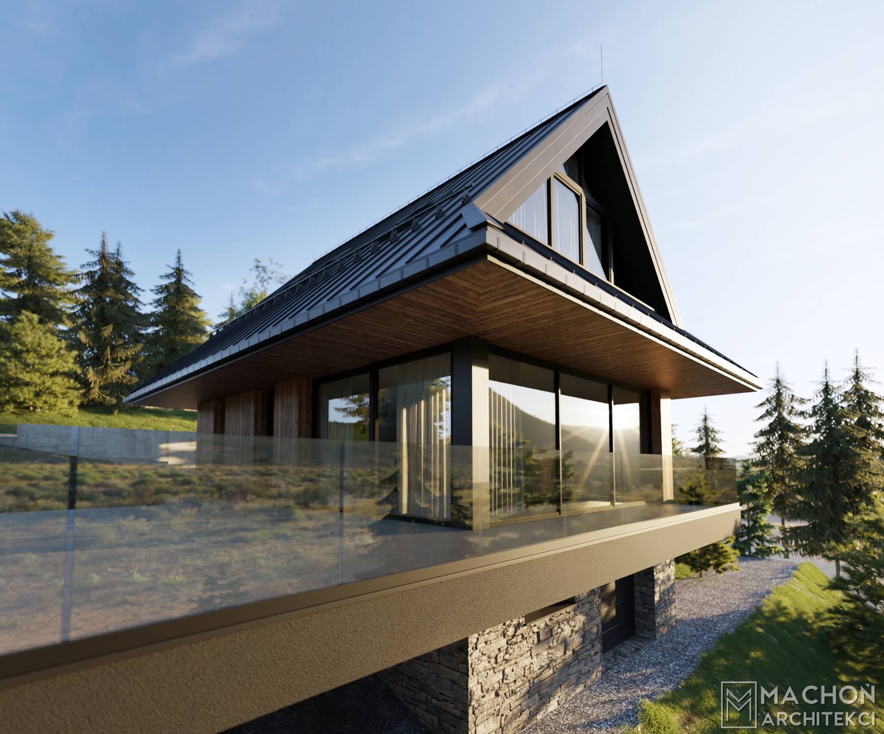 dom wakacyjny w górach nowoczesny podcieniowy wystający okap dachu blach ana rąbek stojący z tarasem widok na góry zawoja