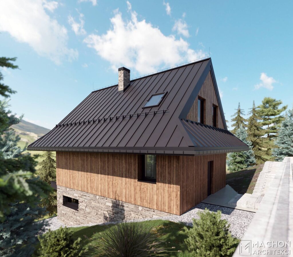 dom wakacyjny w górach nowoczesny podcieniowy wystający okap dachu blach ana rąbek stojący z tarasem widok na góry zawoja