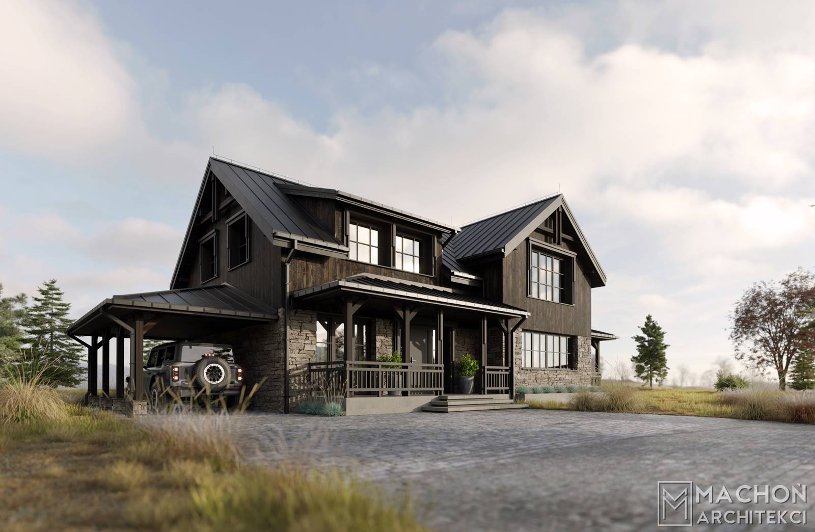 Nowoczeny dom w stylu farm house modern barn lodge house farmhouse cottage stone dom w stylu amerykańskim nowy projekt gotowy