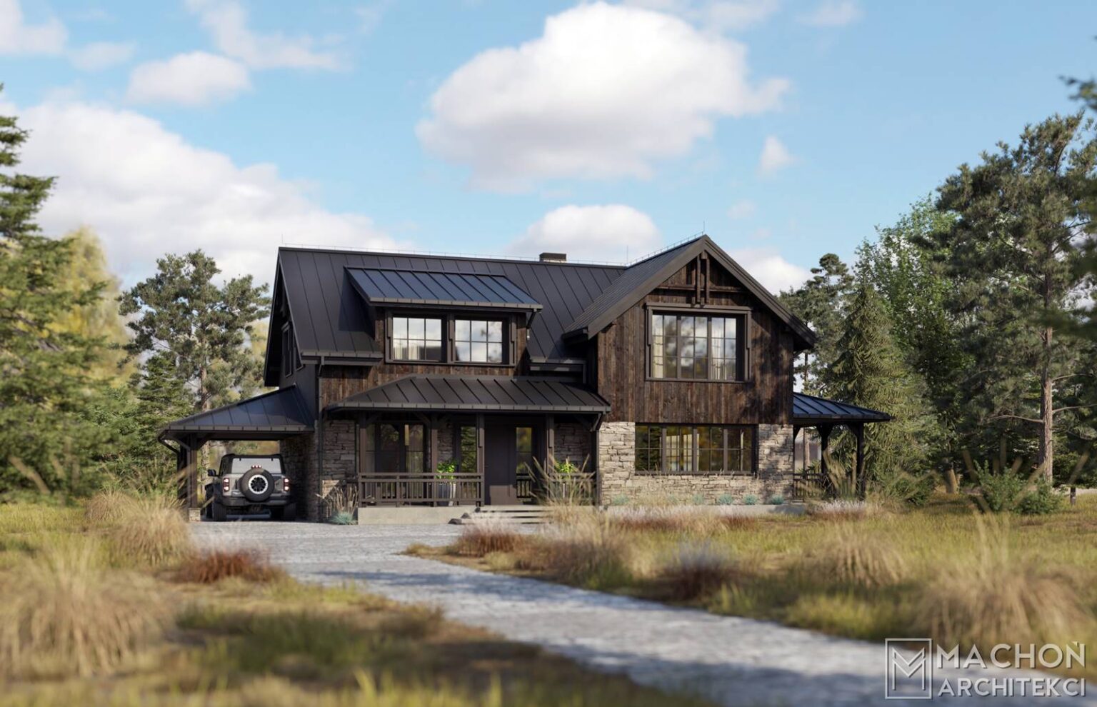 FARMHOUSE FARM HOUSE DOM W STYLU AMERYKAŃSKIM MODERN BARN LODGE HOUSE PROJEKT GOTOWY NOWOCZESNY DOM MACHOŃ FARMA WERANDA KAMIEŃ DREWNO PODEST TARAS COTTAGE HOUSE WIEJSKI DOM 36