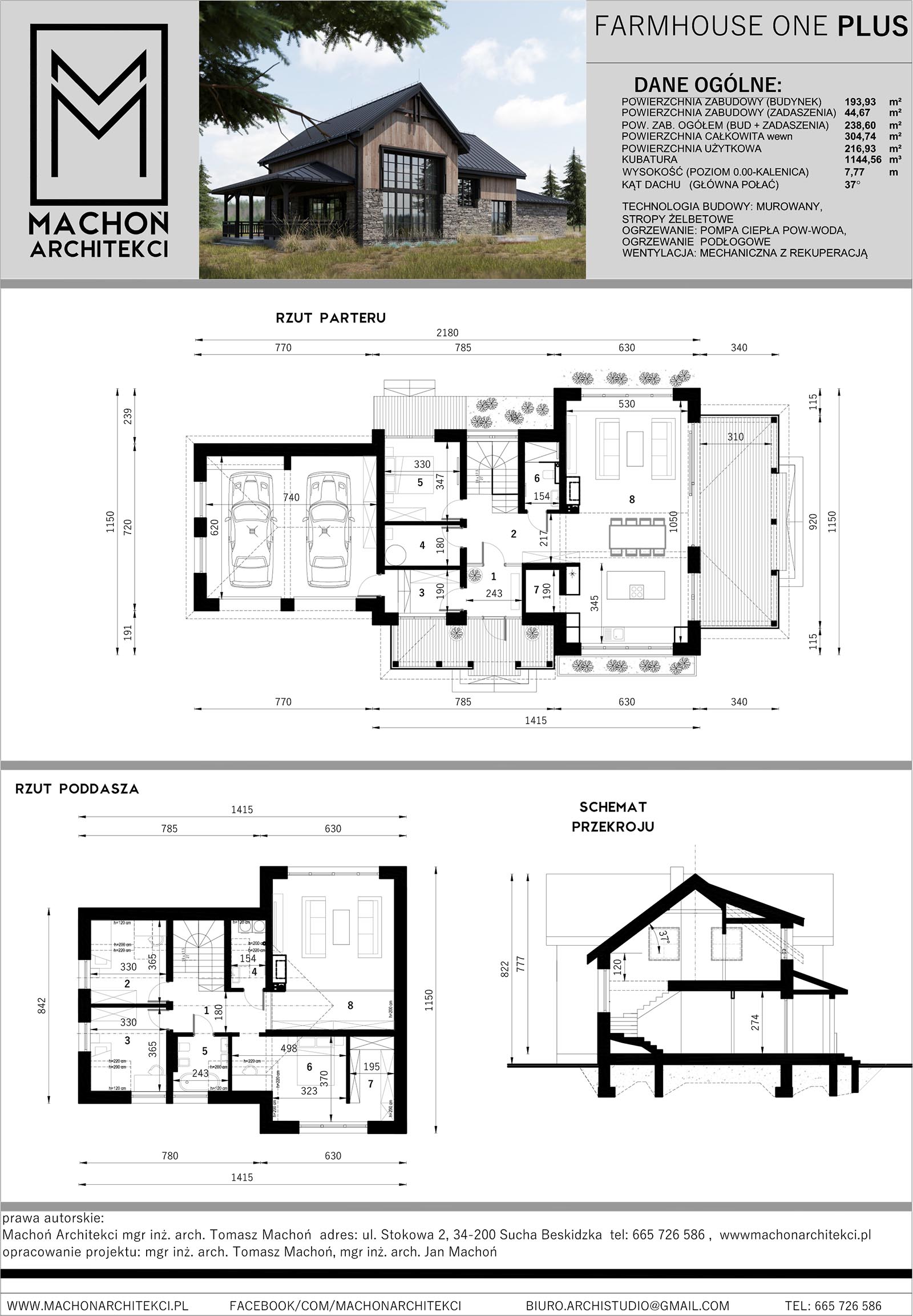 modern farmhouse z garażem one plus dom gotowy projekt machoń architekci nowoczesny lodge house cottage na wsi z werandą zadaszony taras garaż projektowanie wiejska posiadłość 66