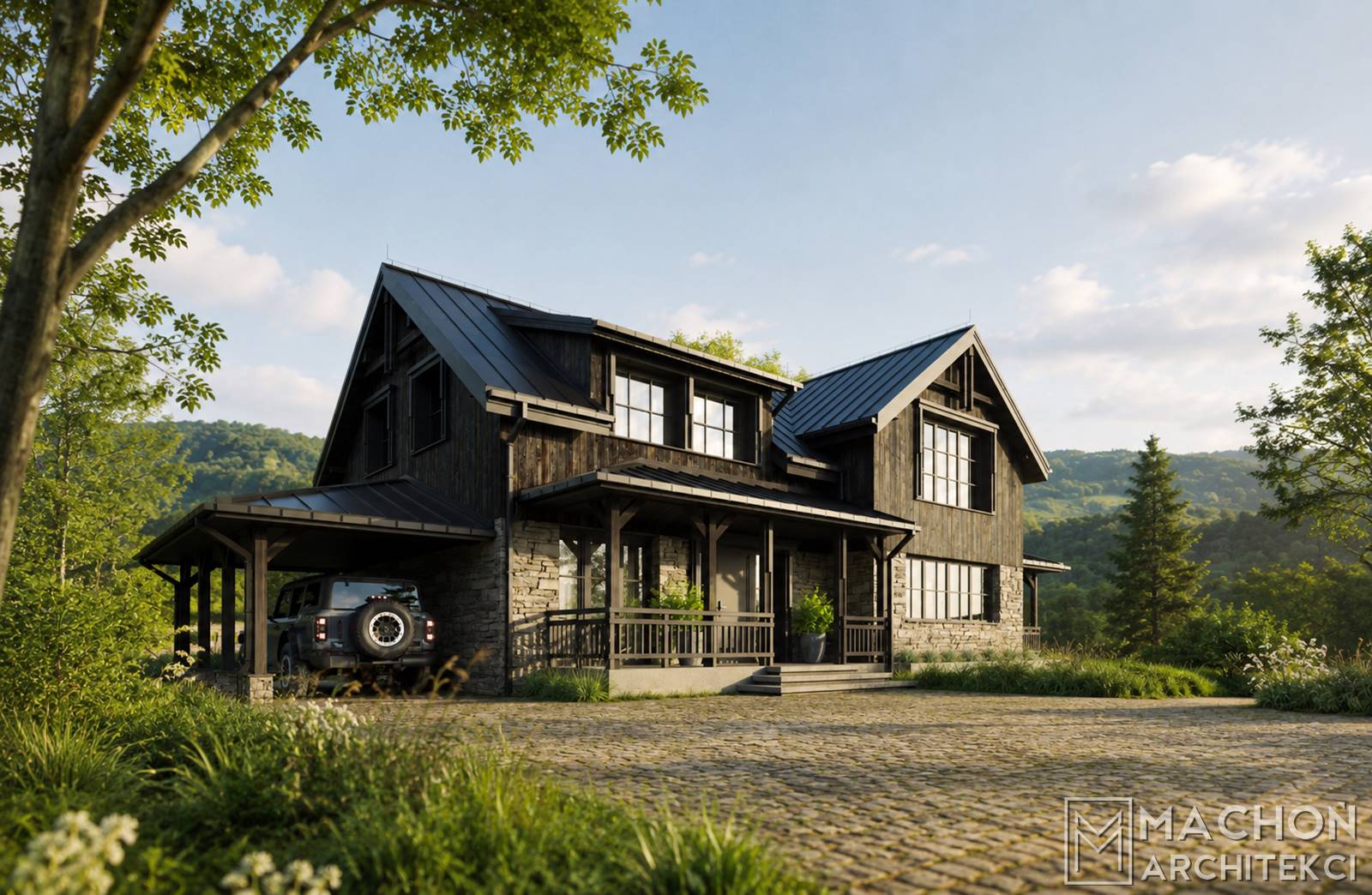 Nowoczeny dom w stylu farm house modern barn lodge house farmhouse cottage stone dom w stylu amerykańskim nowy projekt gotowy
