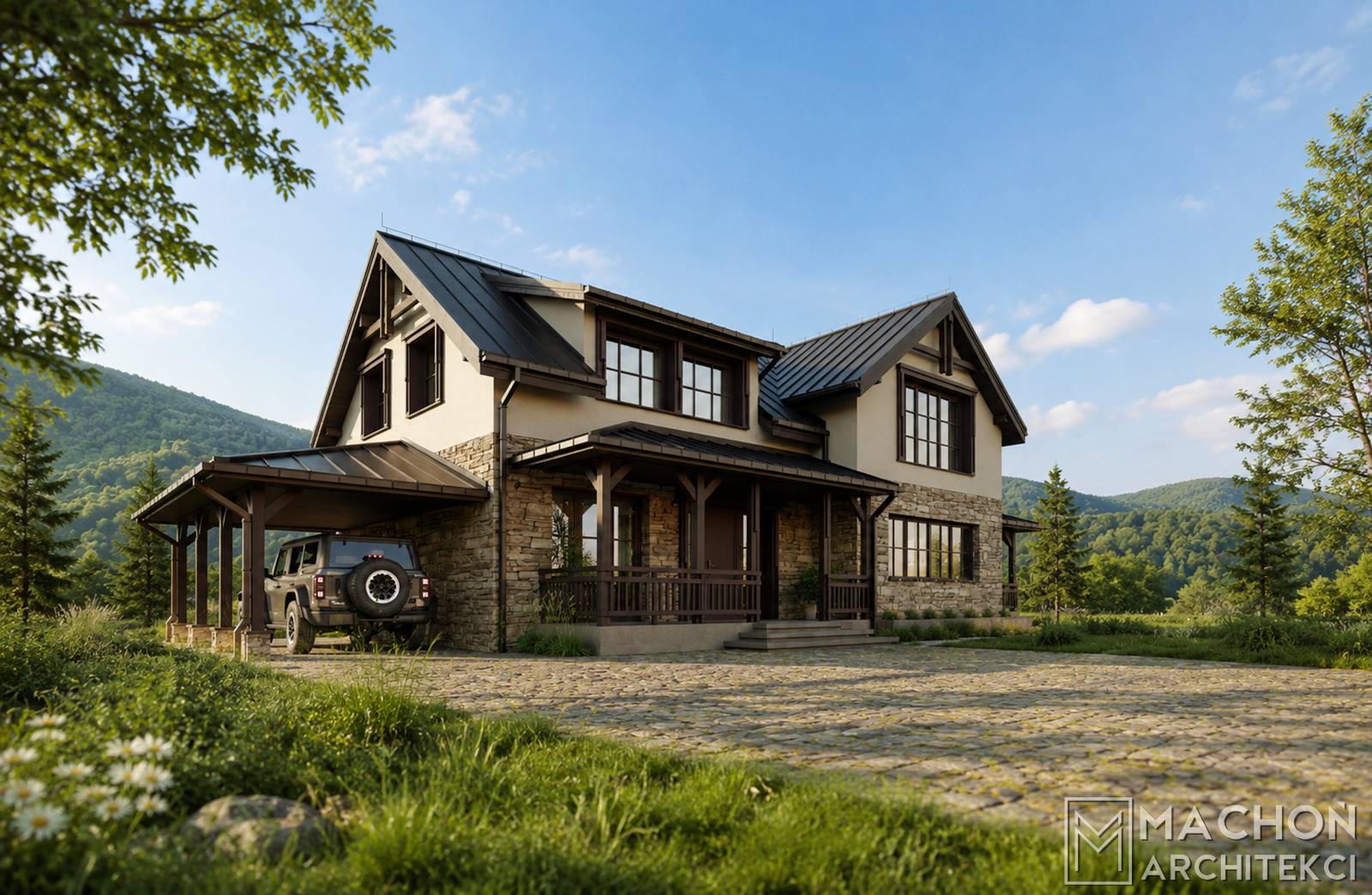 Nowoczeny dom w stylu farm house modern barn lodge house farmhouse cottage stone dom w stylu amerykańskim nowy projekt gotowy