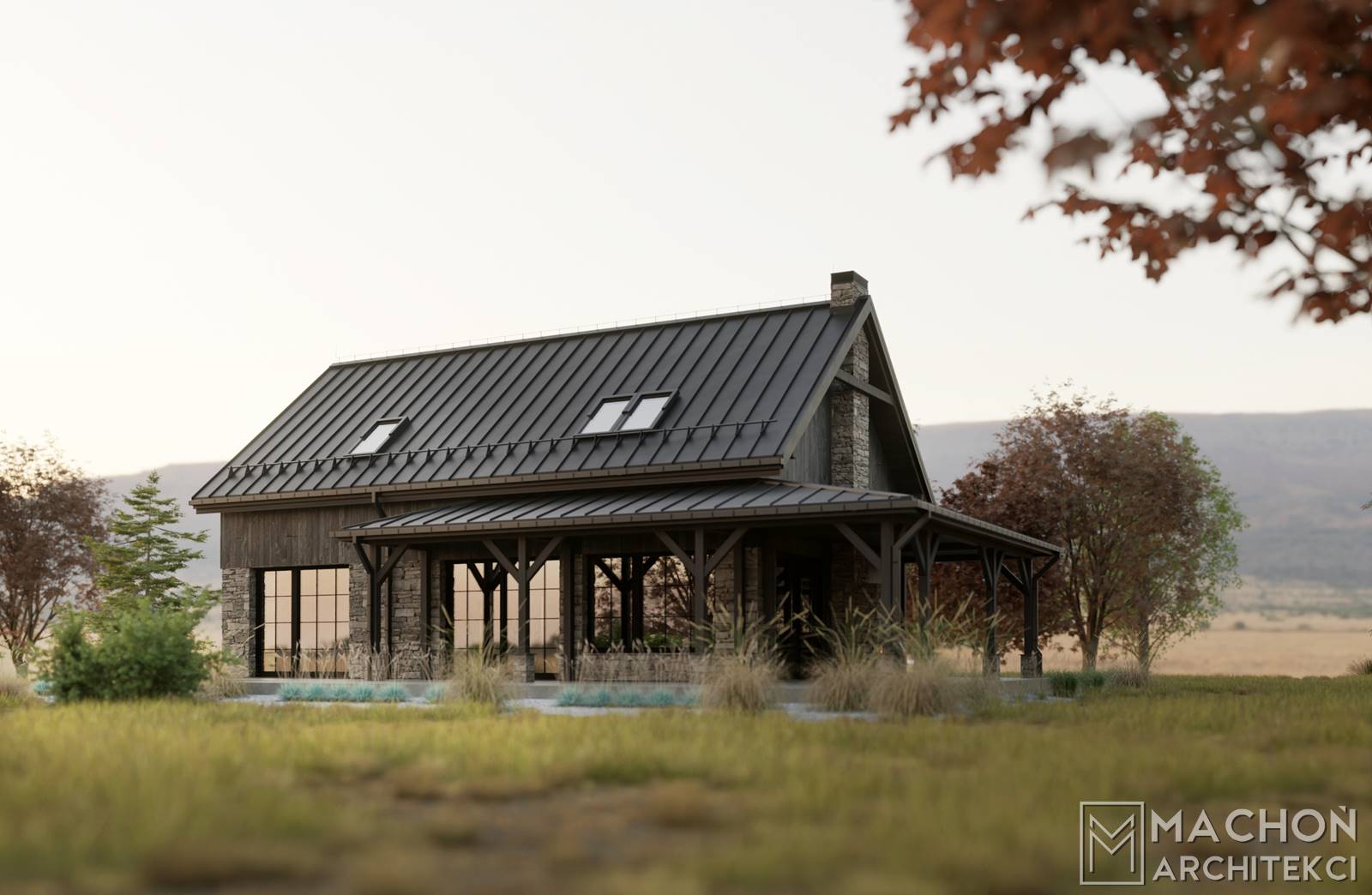 projekt indywidualny domu farmhouse modern cottage lodge house dom amerykański dom pod lasem na prerii na dużą działkę wiejska posiadłość dom pod lasem projekt weranda wiata kamień elewacyjny komin kamienny