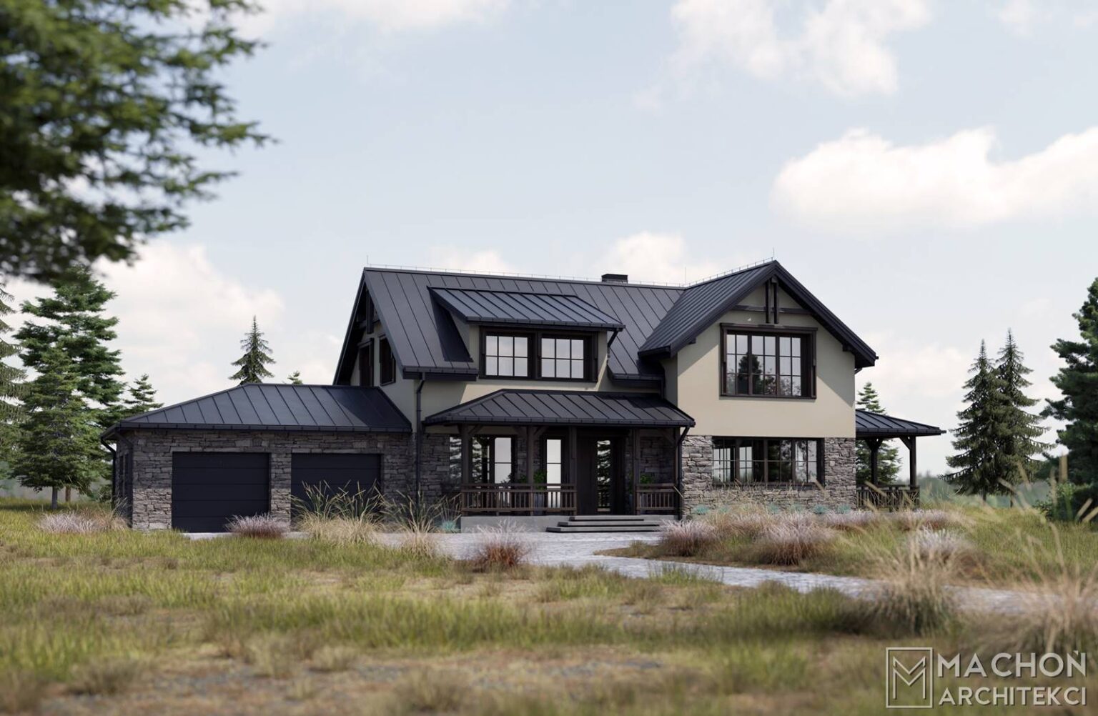 modern farmhouse z garażem one plus dom gotowy projekt machoń architekci nowoczesny lodge house cottage na wsi z werandą zadaszony taras garaż projektowanie wiejska posiadłość 53