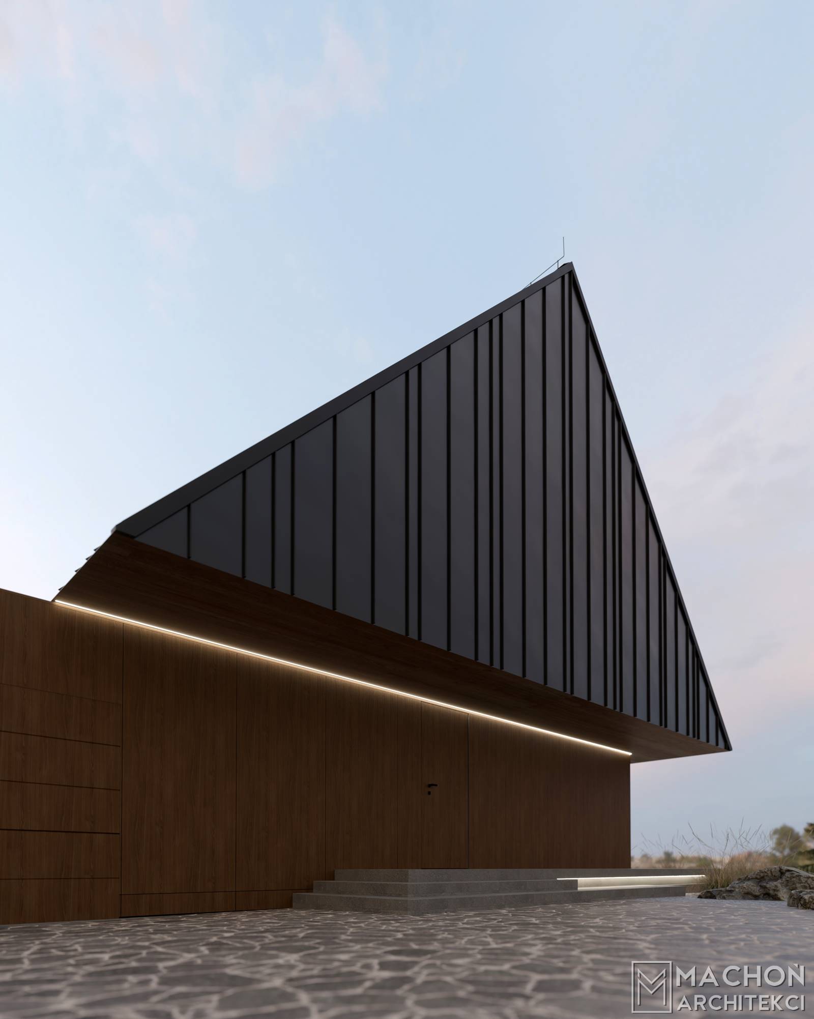 dom beskidzki nowoczesny budynek podcieniowy z podcieniem wystający okap zadaszenie tarasu nowoczesny dom pproejkt gotowy nietypowy machoń architekci zakopane krościenko