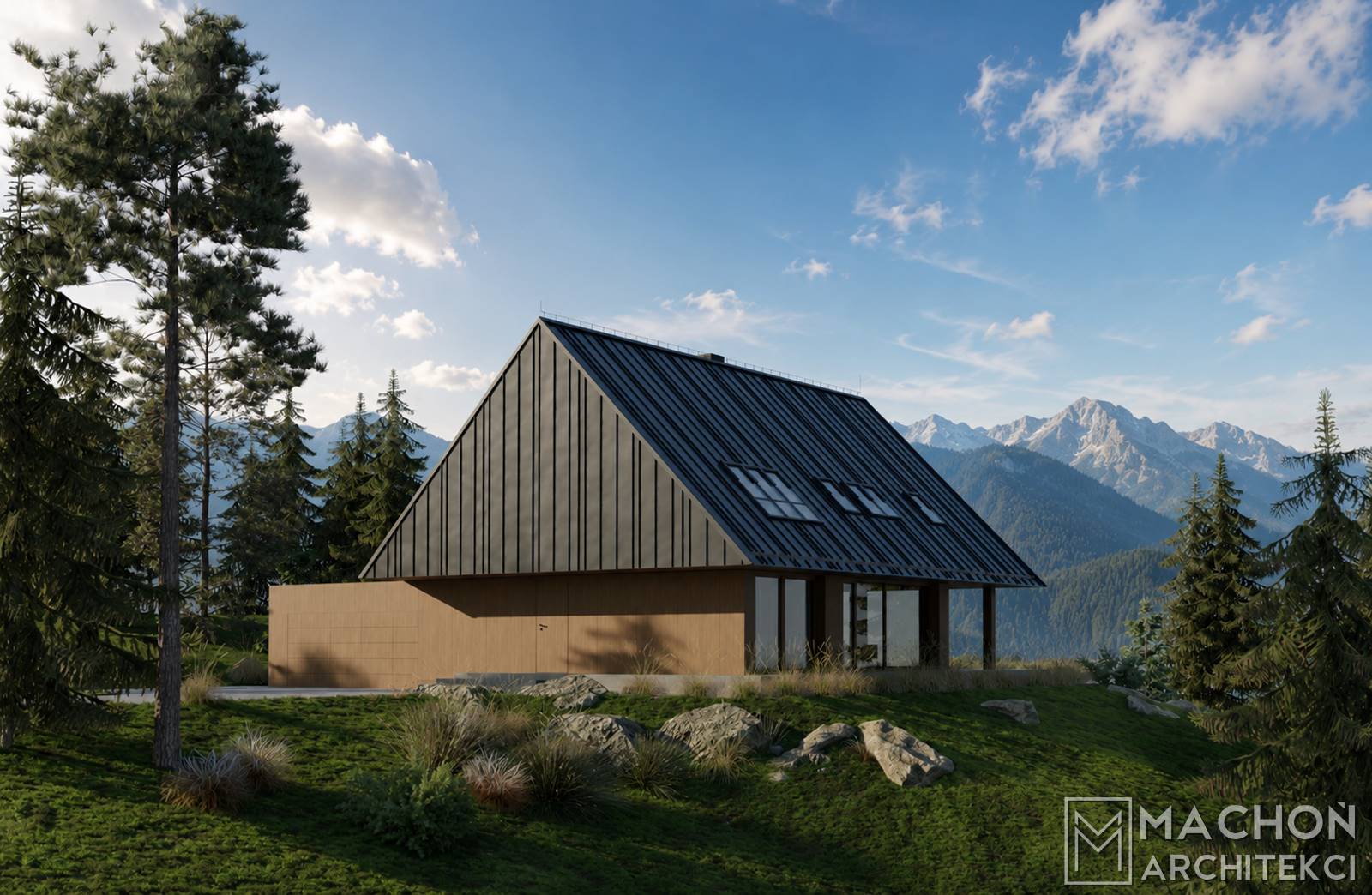 dom beskidzki nowoczesny budynek podcieniowy z podcieniem wystający okap zadaszenie tarasu nowoczesny dom pproejkt gotowy nietypowy machoń architekci zakopane krościenko