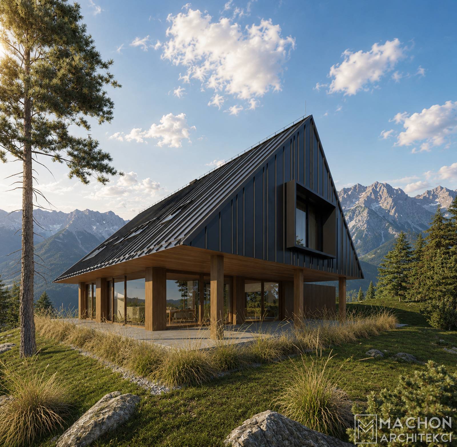 dom beskidzki nowoczesny budynek podcieniowy z podcieniem wystający okap zadaszenie tarasu nowoczesny dom pproejkt gotowy nietypowy machoń architekci zakopane krościenko