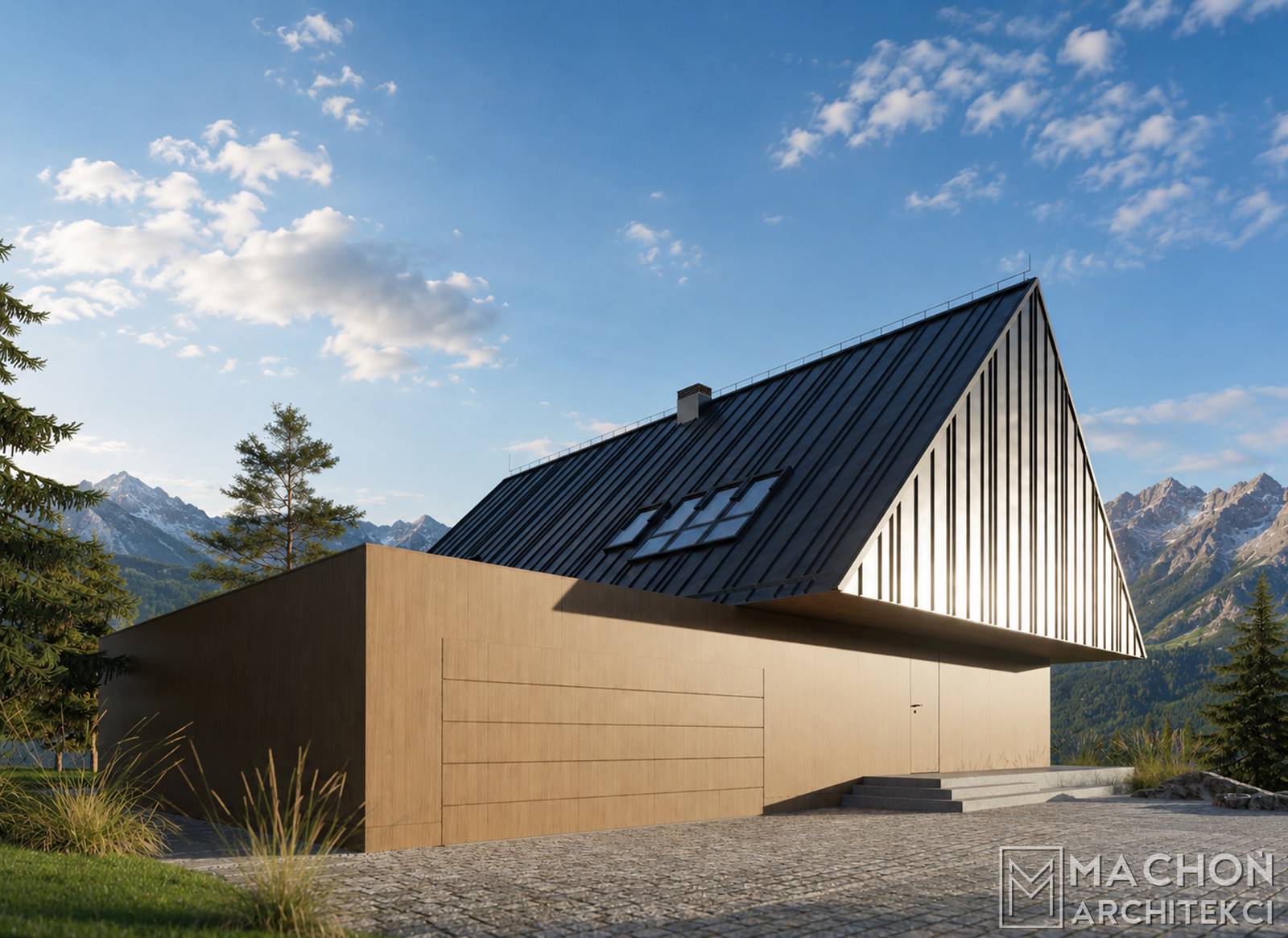 dom beskidzki nowoczesny budynek podcieniowy z podcieniem wystający okap zadaszenie tarasu nowoczesny dom pproejkt gotowy nietypowy machoń architekci zakopane krościenko