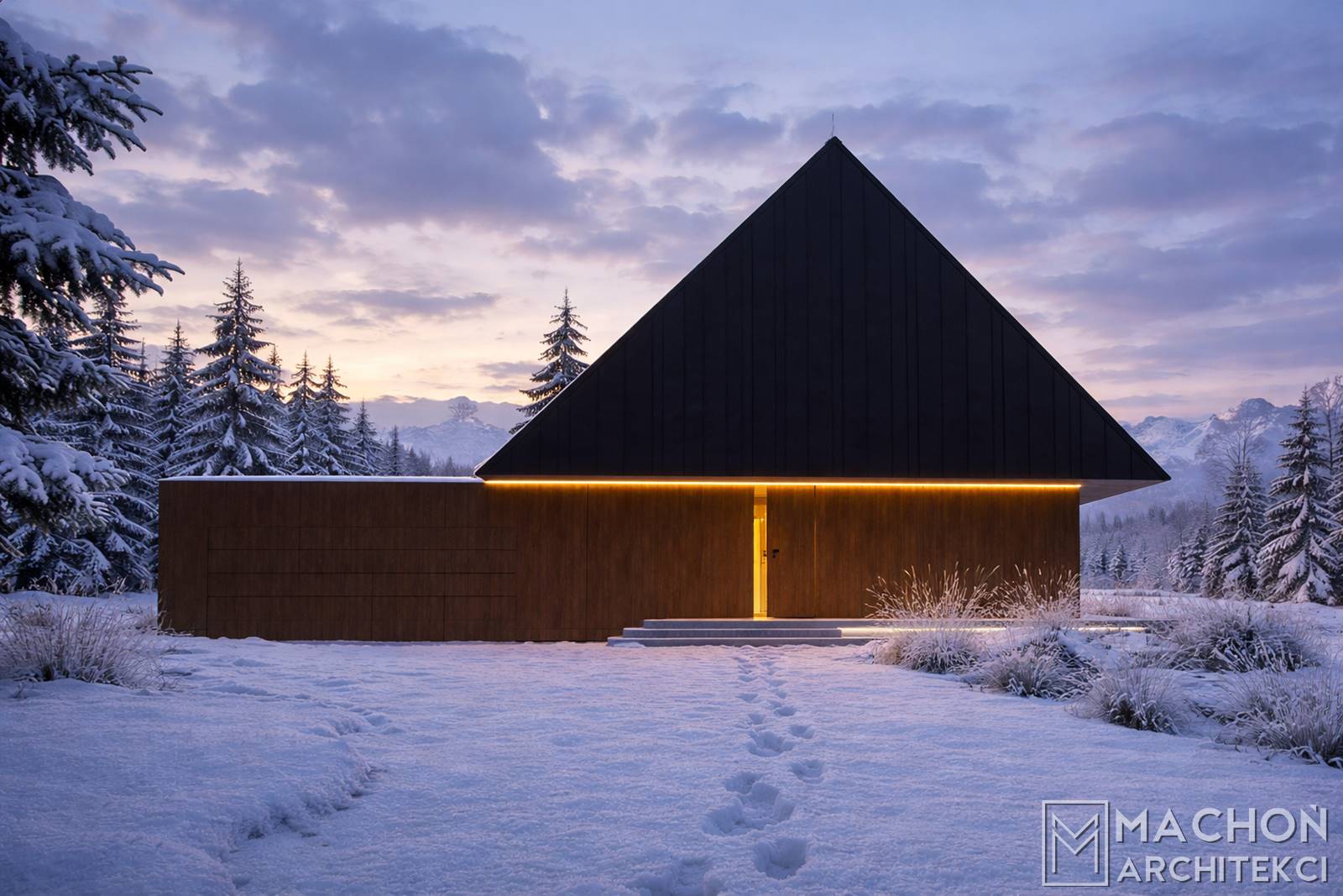 dom beskidzki nowoczesny budynek podcieniowy z podcieniem wystający okap zadaszenie tarasu nowoczesny dom pproejkt gotowy nietypowy machoń architekci zakopane krościenko