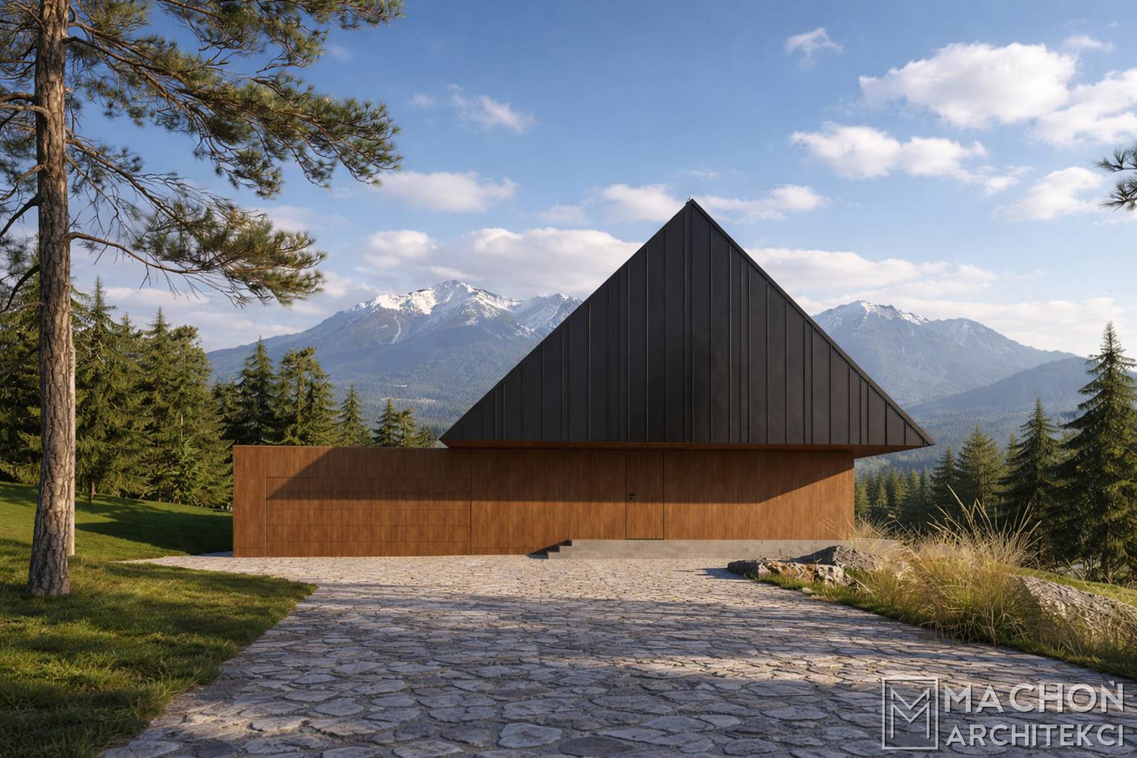 dom beskidzki nowoczesny budynek podcieniowy z podcieniem wystający okap zadaszenie tarasu nowoczesny dom pproejkt gotowy nietypowy machoń architekci zakopane krościenko