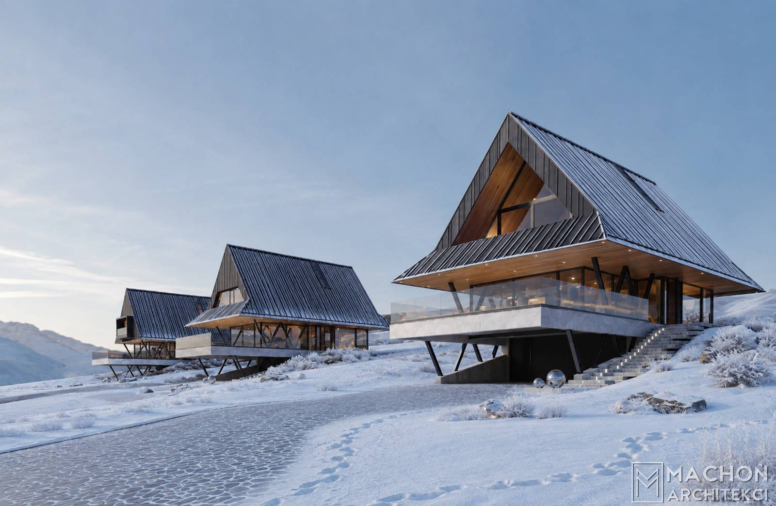 Projekt domu na stoku nowoczesny górski góralski podhalański beskidzki dom w polsce nowoczesna stalowa willa budynek mieszkalny jednorodzinny steel hill machoń architekci projekty indywidualne