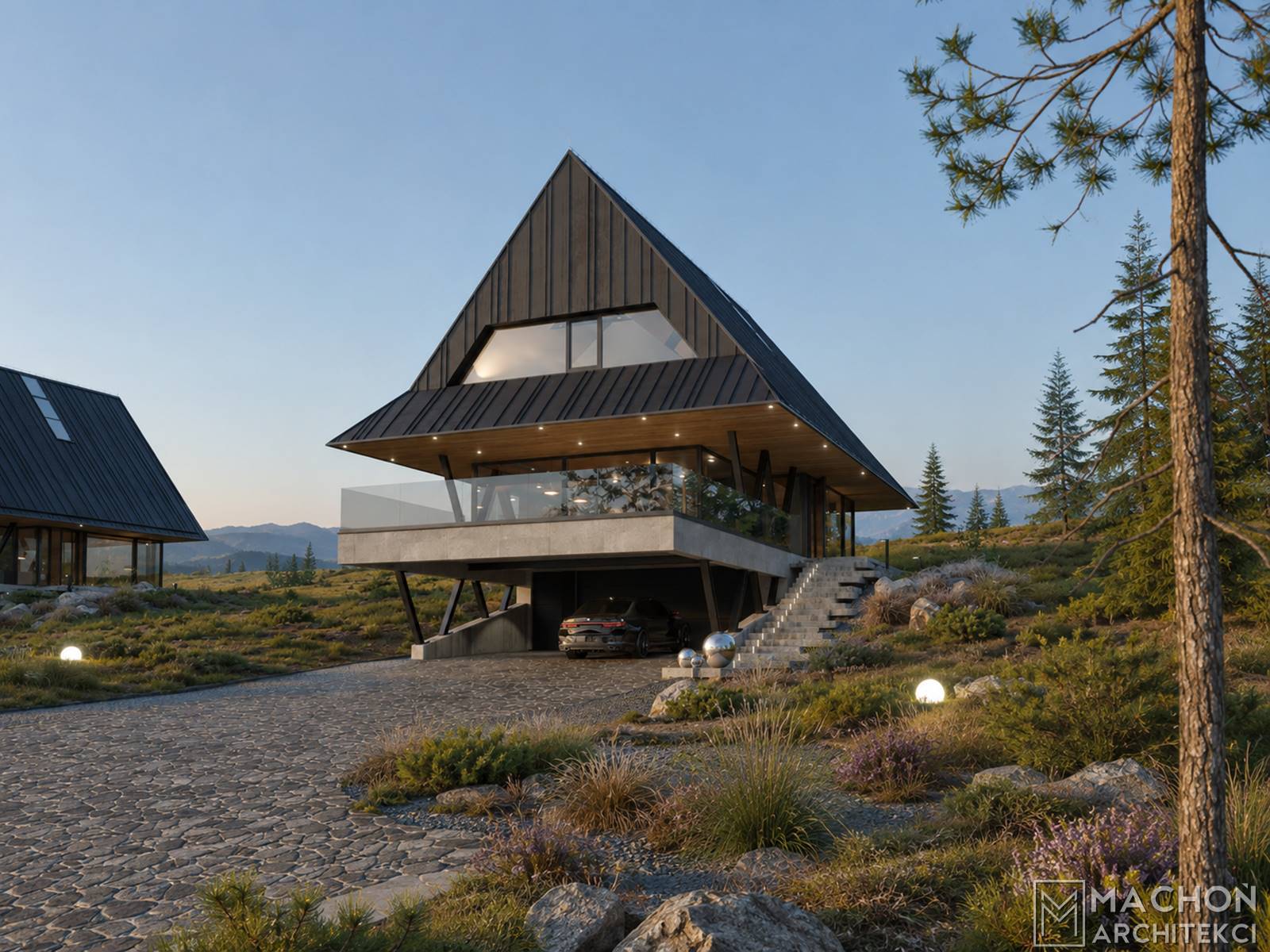 Projekt domu na stoku nowoczesny górski góralski podhalański beskidzki dom w polsce nowoczesna stalowa willa budynek mieszkalny jednorodzinny steel hill machoń architekci projekty indywidualne