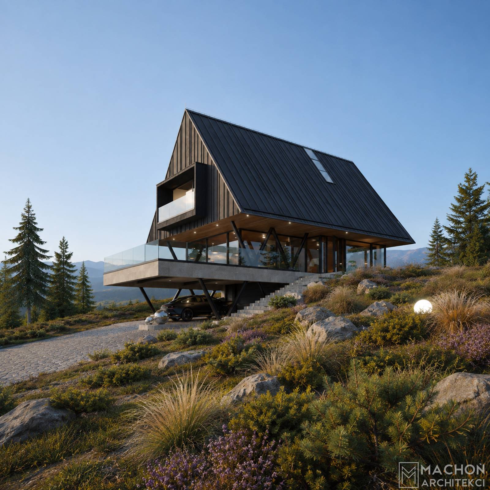 Projekt domu na stoku nowoczesny górski góralski podhalański beskidzki dom w polsce nowoczesna stalowa willa budynek mieszkalny jednorodzinny steel hill machoń architekci projekty indywidualne