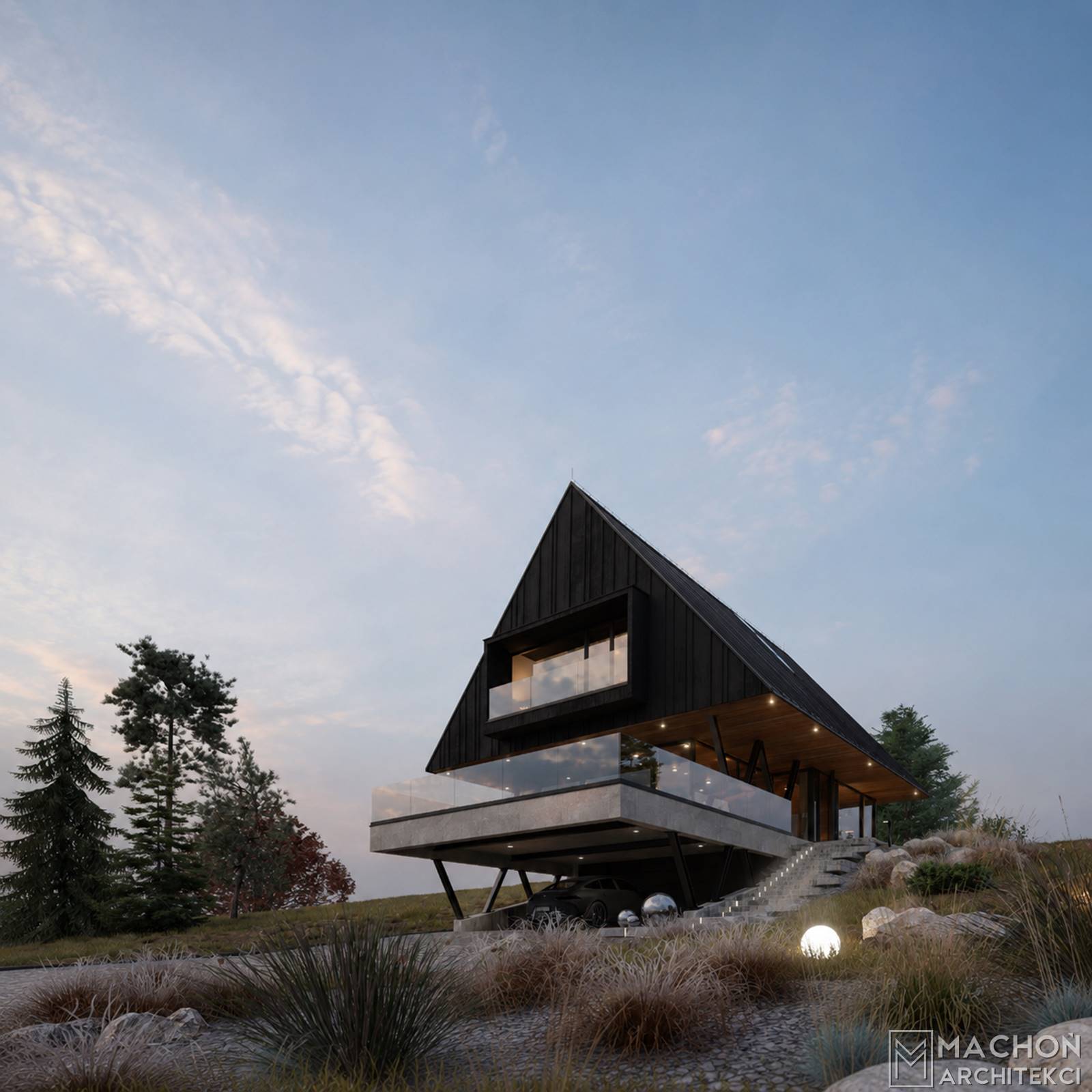 Projekt domu na stoku nowoczesny górski góralski podhalański beskidzki dom w polsce nowoczesna stalowa willa budynek mieszkalny jednorodzinny steel hill machoń architekci projekty indywidualne