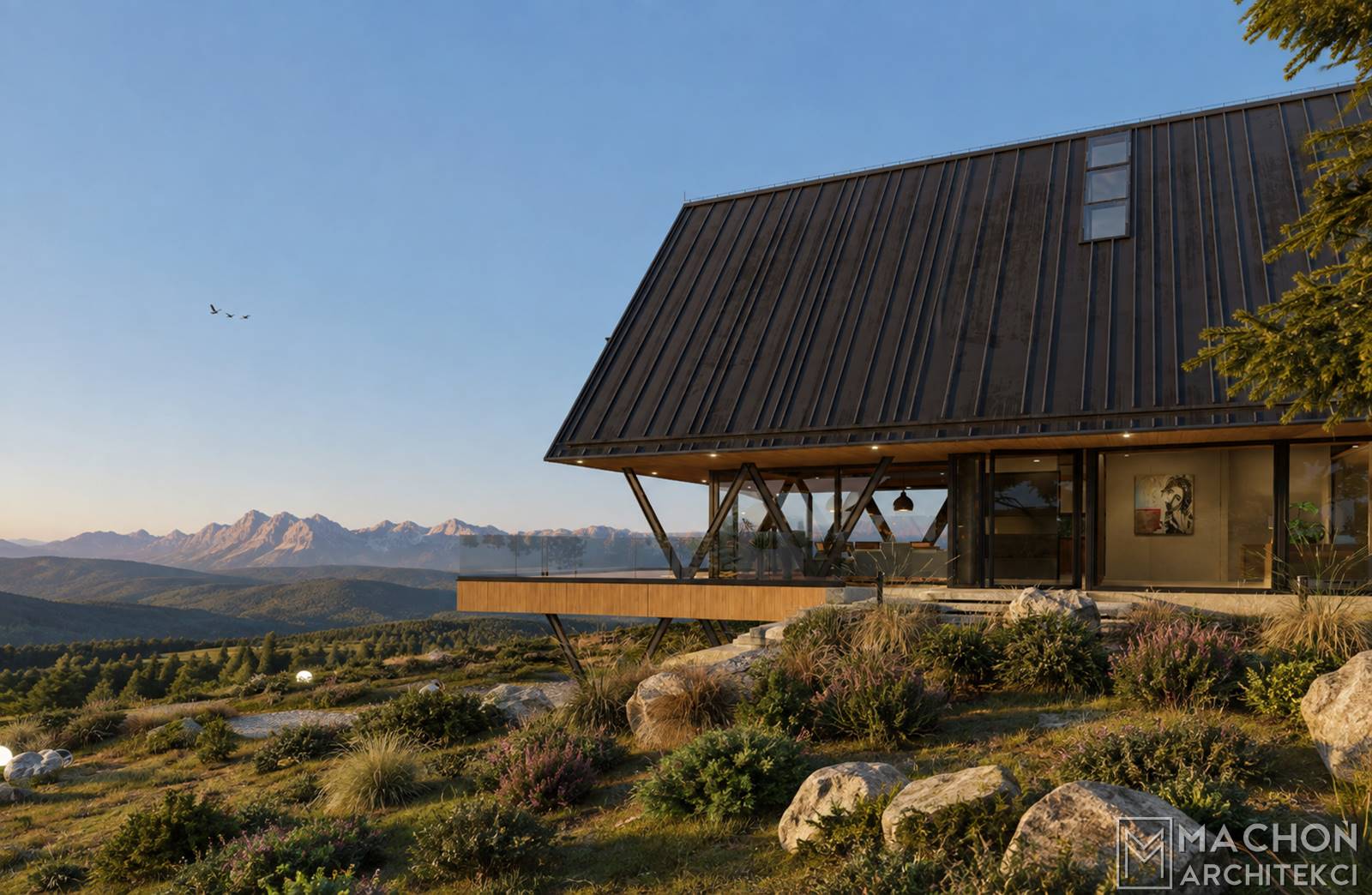 Projekt domu na stoku nowoczesny górski góralski podhalański beskidzki dom w polsce nowoczesna stalowa willa budynek mieszkalny jednorodzinny steel hill machoń architekci projekty indywidualne
