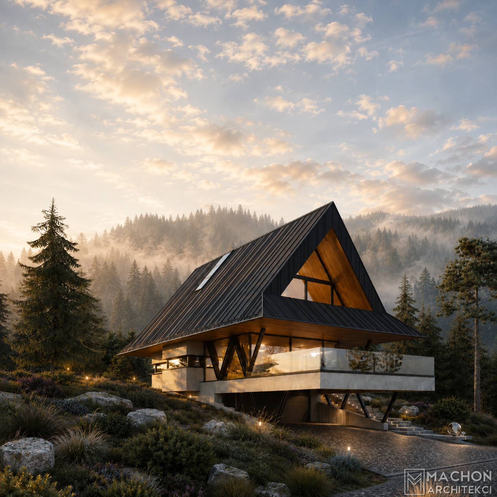 Projekt domu na stoku nowoczesny górski góralski podhalański beskidzki dom w polsce nowoczesna stalowa willa budynek mieszkalny jednorodzinny steel hill machoń architekci projekty indywidualne