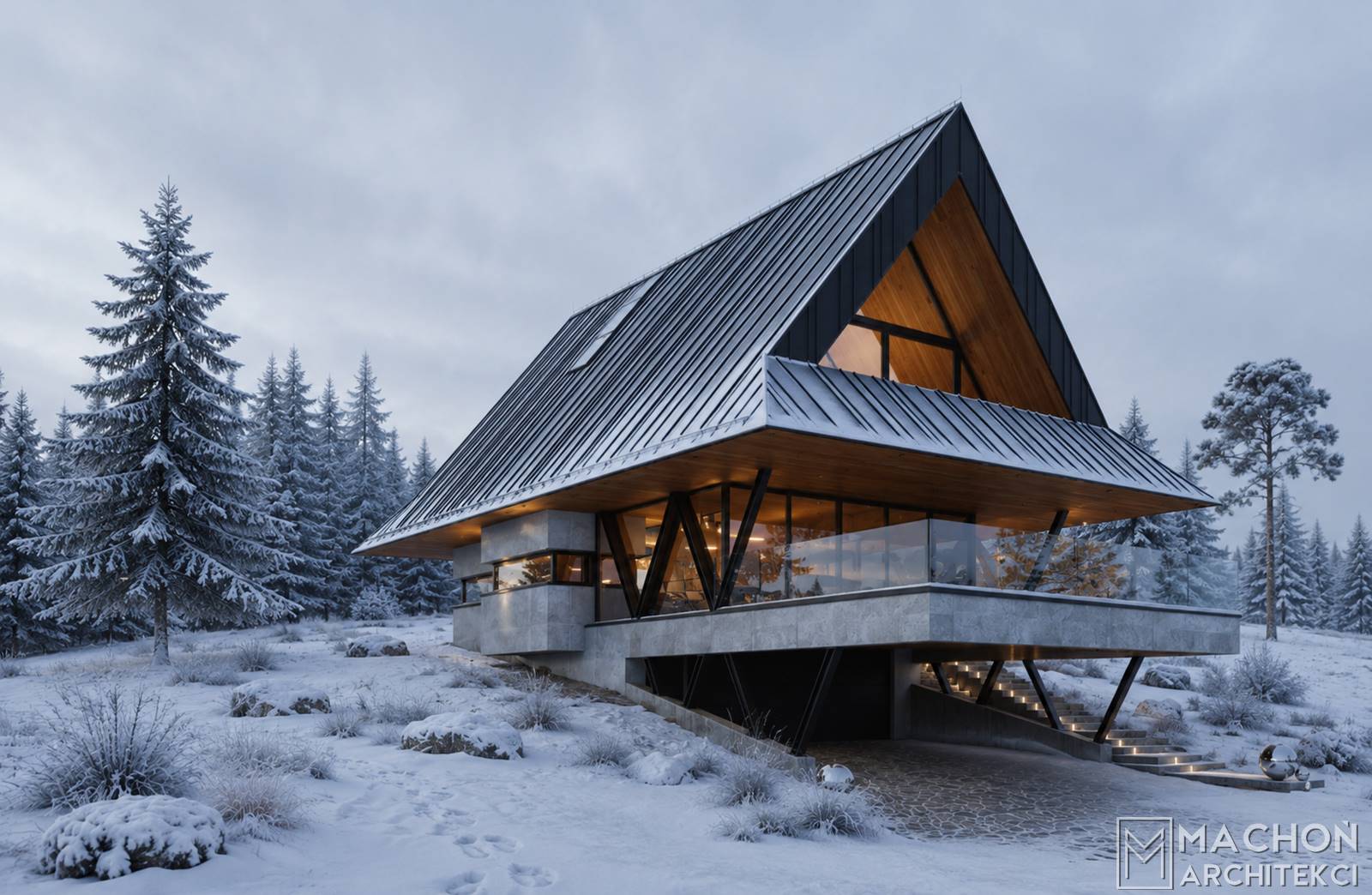 Projekt domu na stoku nowoczesny górski góralski podhalański beskidzki dom w polsce nowoczesna stalowa willa budynek mieszkalny jednorodzinny steel hill machoń architekci projekty indywidualne